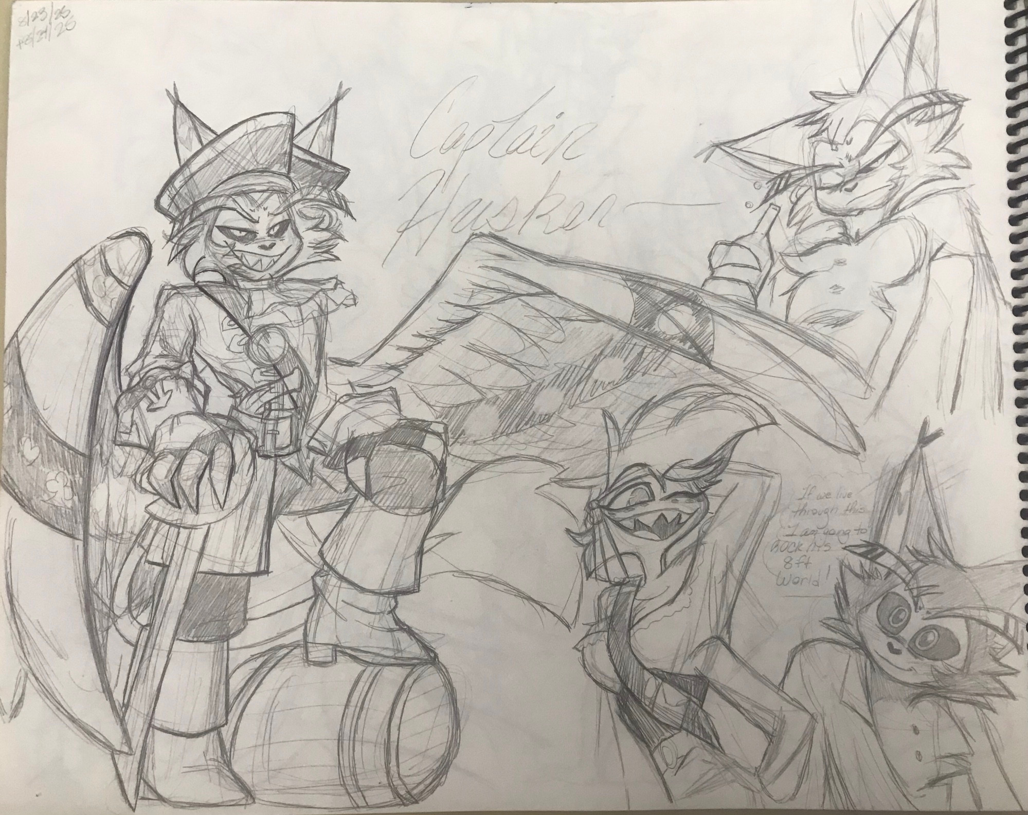 Pencil sketches of Husk as Captain Morgan on left side

Right side: Said Captain drunk from rum and glaring through on eye at whoever disturbed him

Bottom right: First Mate Angel Dust posing and winking at his captain, who’s staring back star-struck 🩷

Husk: If we live through this, I am going to ROCK his 8 ft world! (DBZA quote for fun)