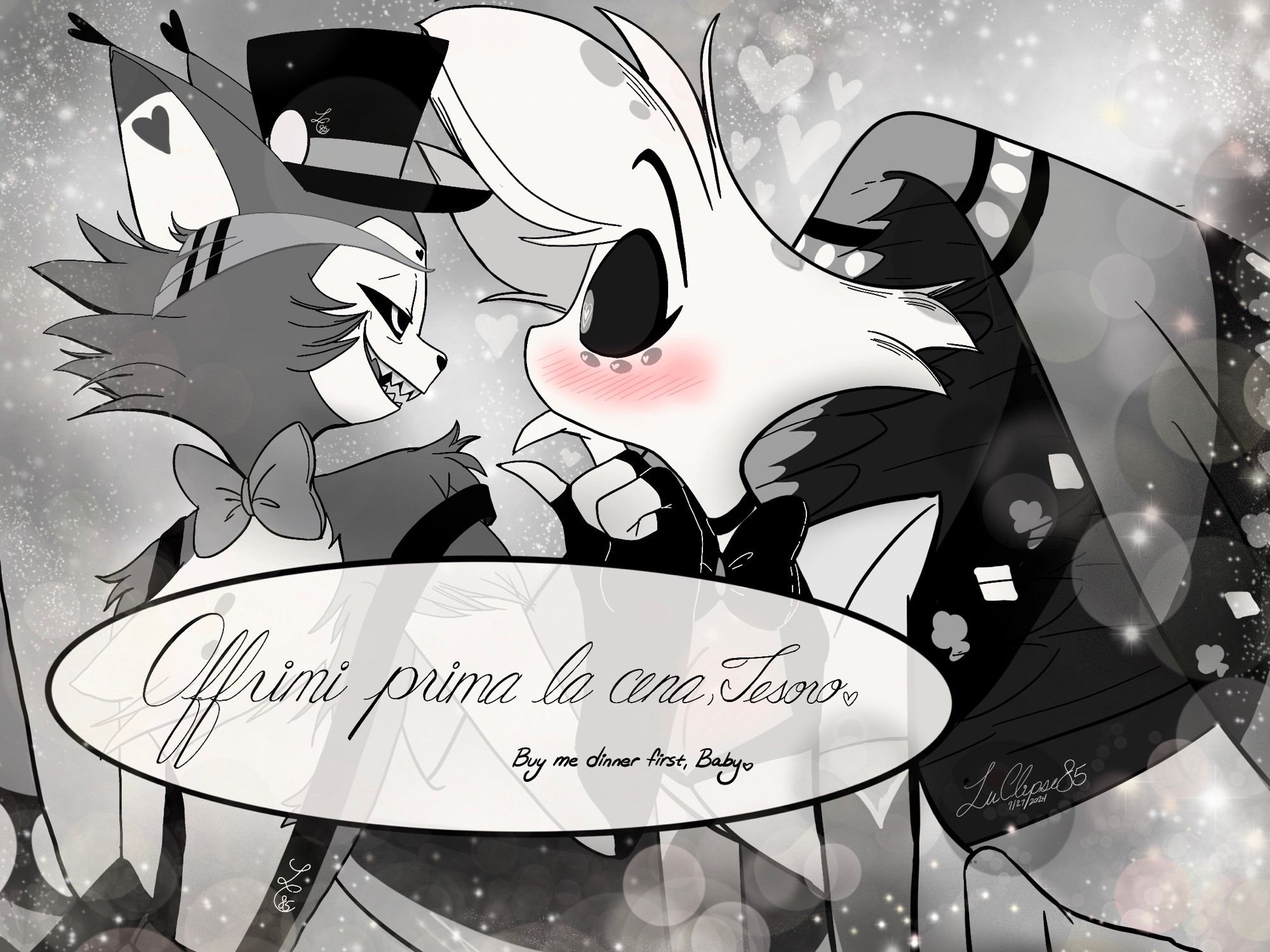 Grayscale of Husk seduc- I mean flirting with Angel, tilting his chin so he’s looking into Angel’s eyes. Husk’s wing hovering over him, and the background looking like something out of a shoūjo manga 

Husk (with THAT VOICE): Offrimi prima la cena, Tesoro🩷 

English translation beneath: “Buy me dinner next time, Baby🩷”