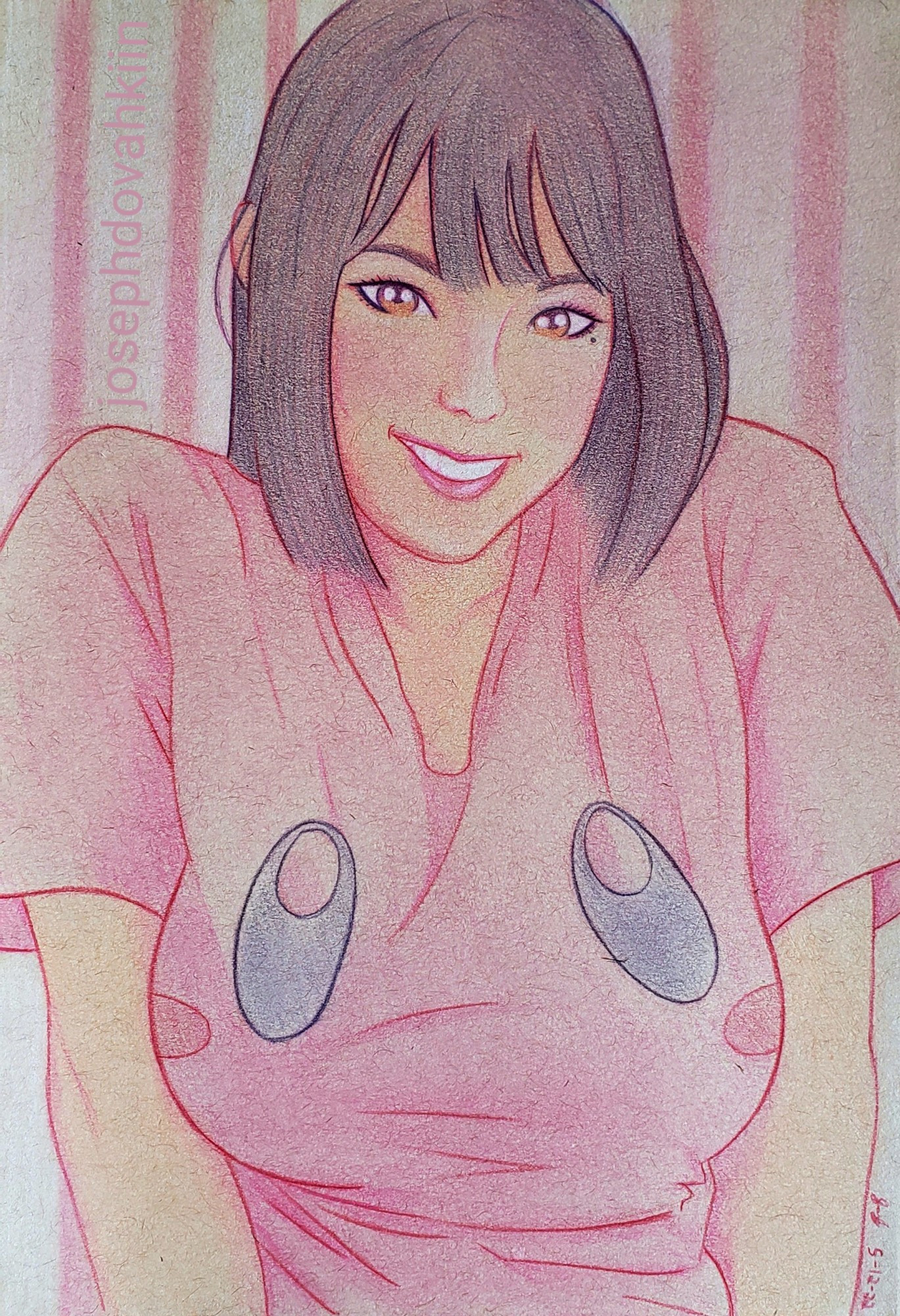 Kaho Shibuya wearing a Kirby shirt. 
Drawing done by using prismacolor pencils on a toned sketchbook.