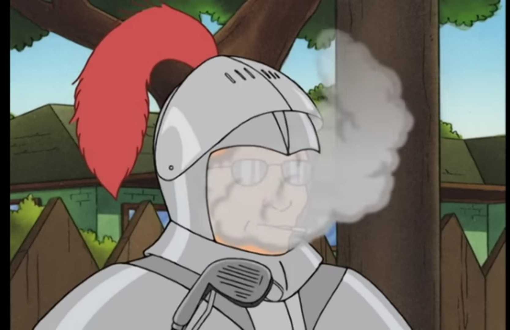 Dale wearing a suit of armor with cigarette smoke spilling out the open helmet.