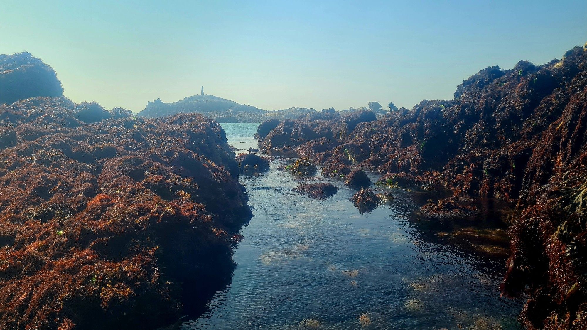 Une jolie petite trouée entre des rochers couverts d'algues