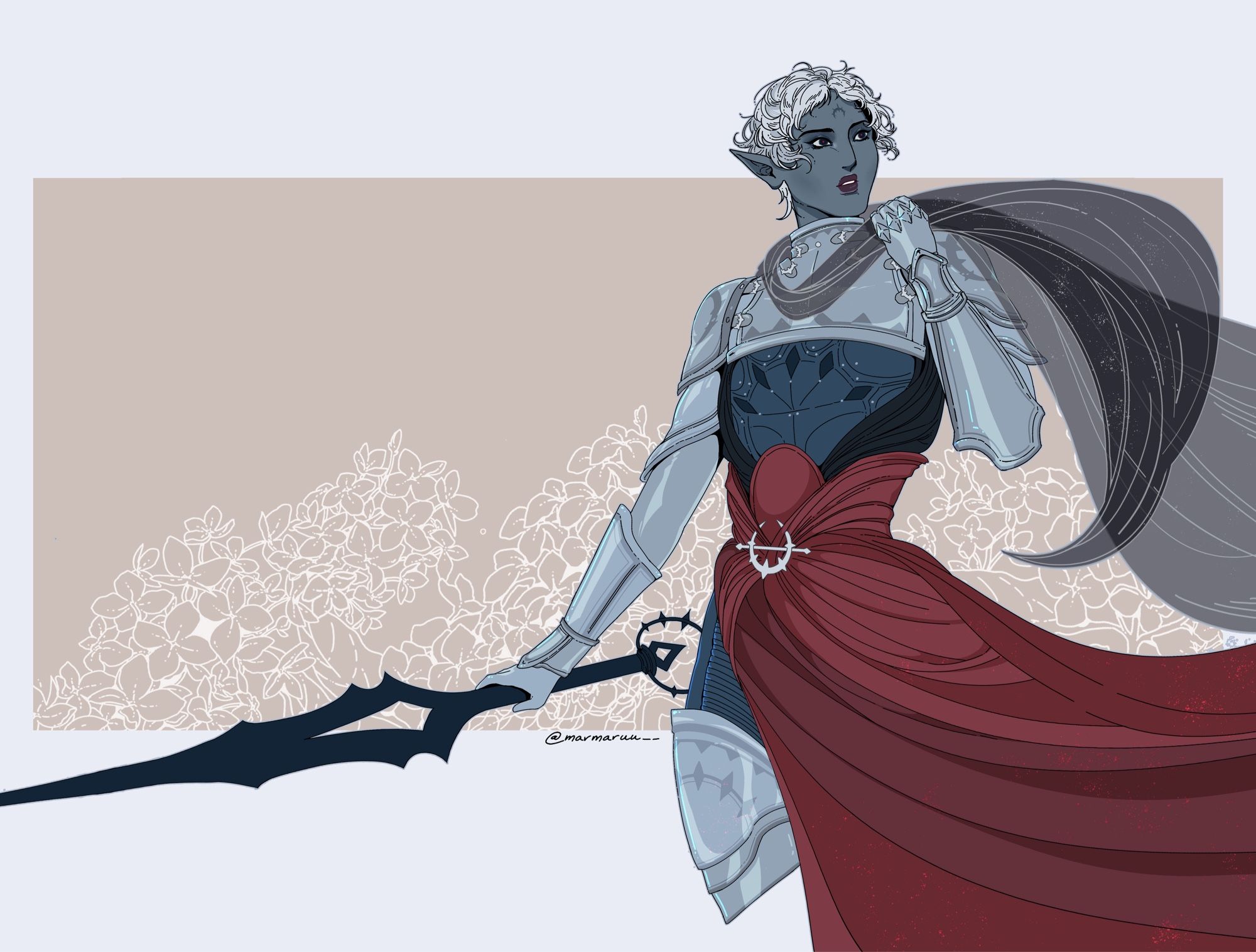 Drawing of a drow character in a silver armor, wearing a transparent dark & starry cape, red sash and holding a great black sword.