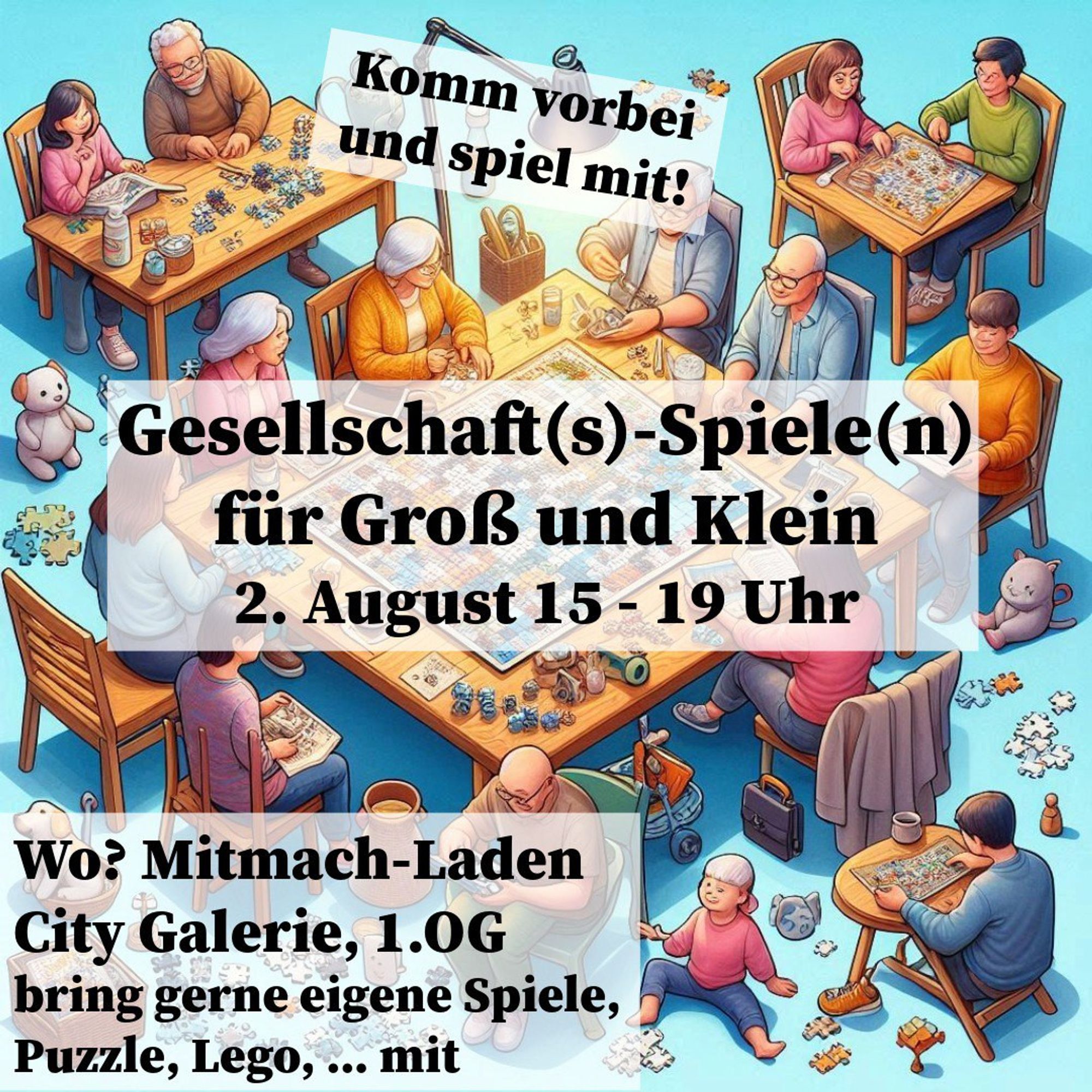 drei Tische unterschiedlicher Größe mit diversen Menschen, die sich mit Spielsachen beschäftigen und miteinanderSpiele spielen. Info: Einladung zum MitSpielen im Mitmachladen in der Citygalerie Siegen am 2.8. ab 15.00