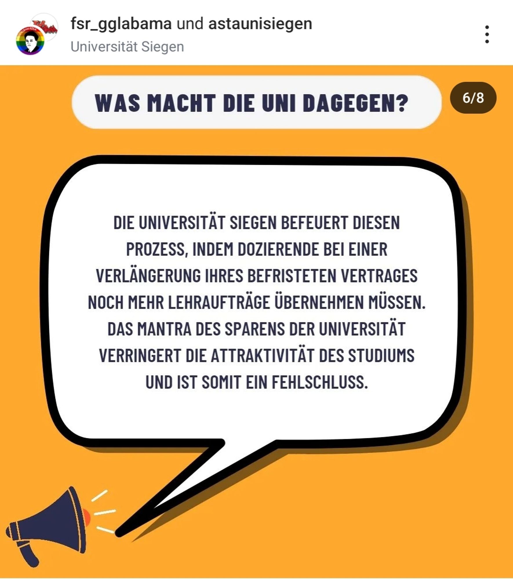 Sprechblase auf oragenem Hintergrund mit Megaphone unter der Überschrift Was macht die Uni dagegen