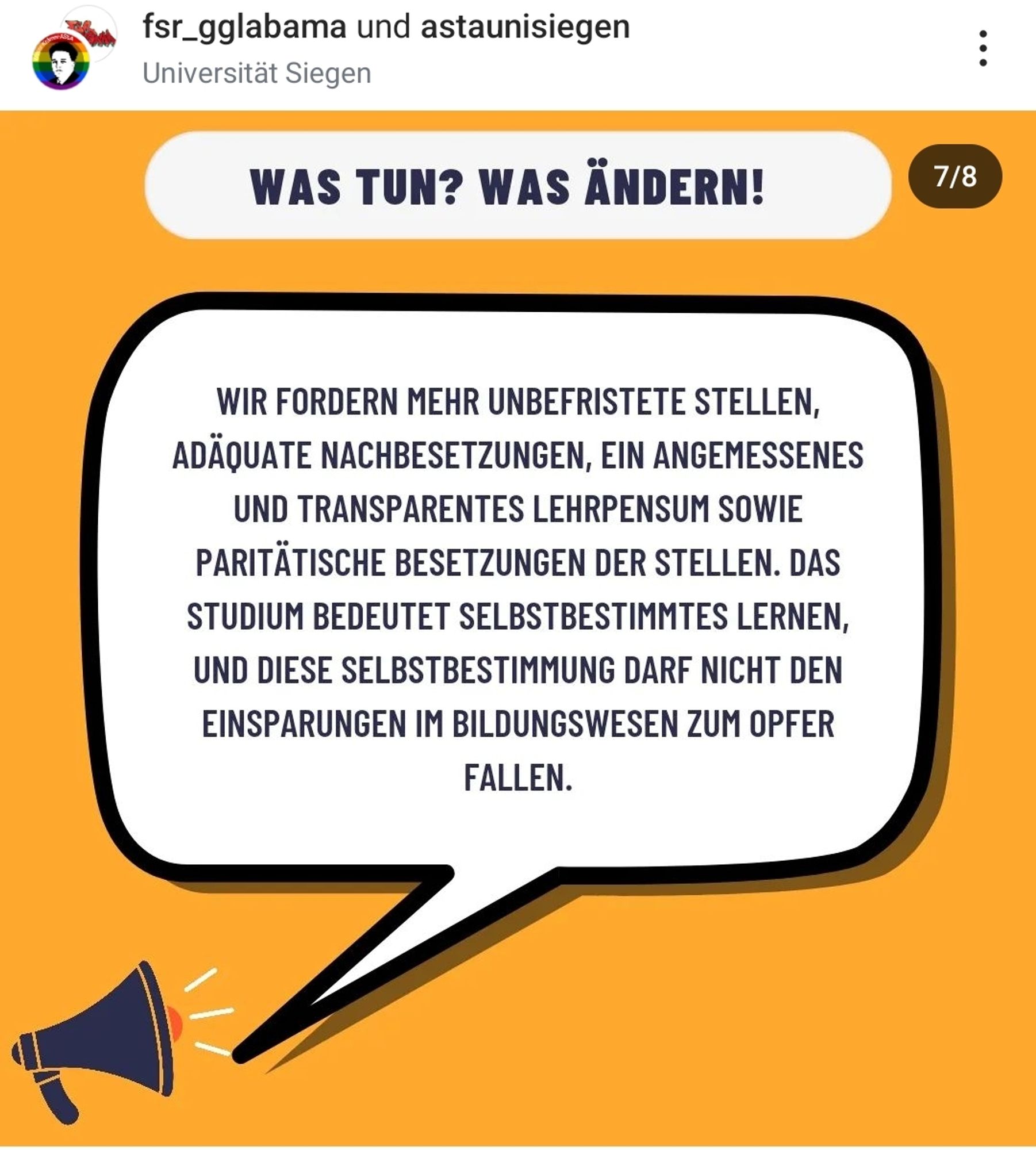 Sprechblase auf oragenem Hintergrund mit Megaphone unter der Überschrift was tun? Was ändern?