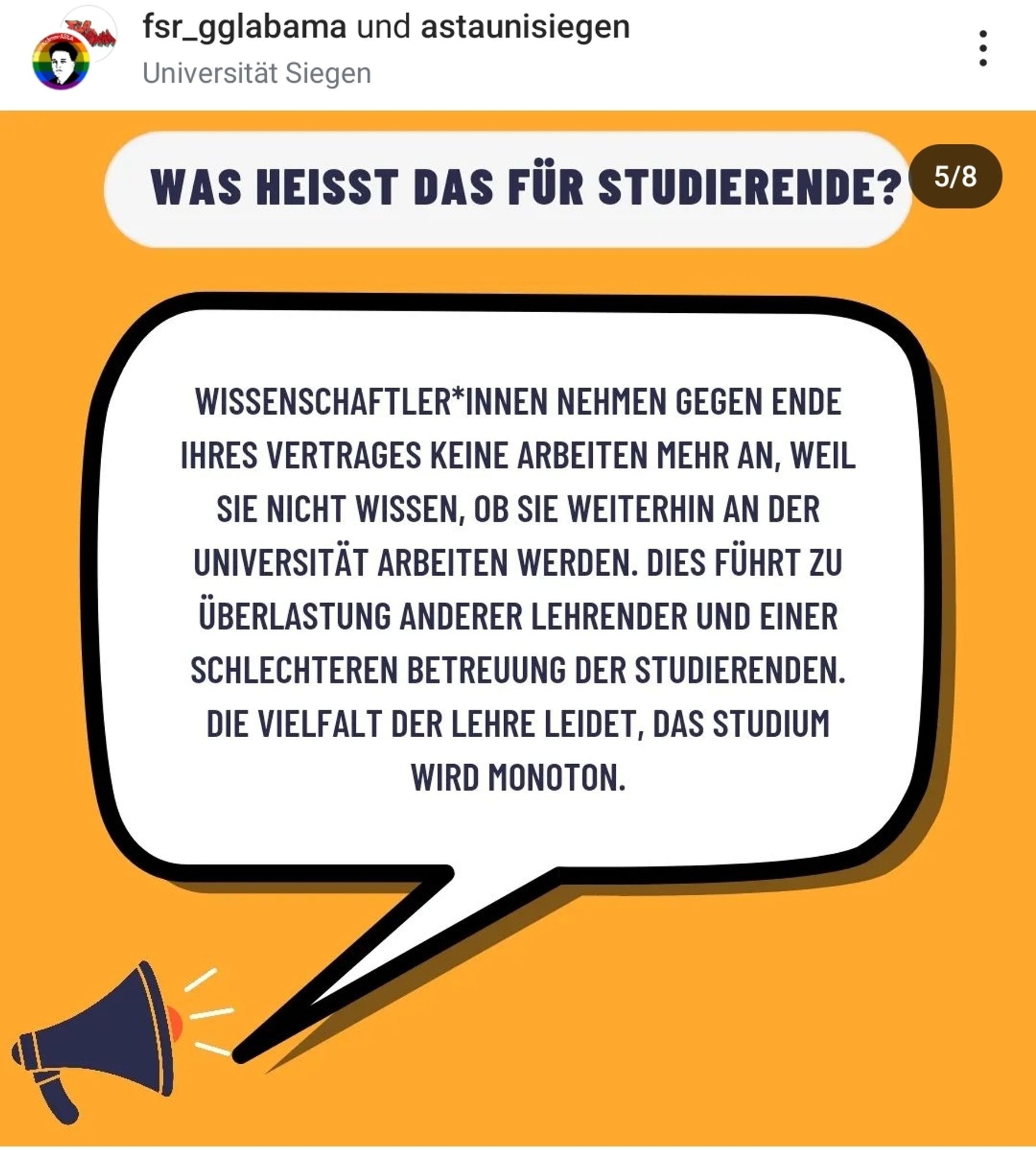 Sprechblase auf oragenem Hintergrund mit Megaphone unter der Überschrift Was heißt das für Studierende