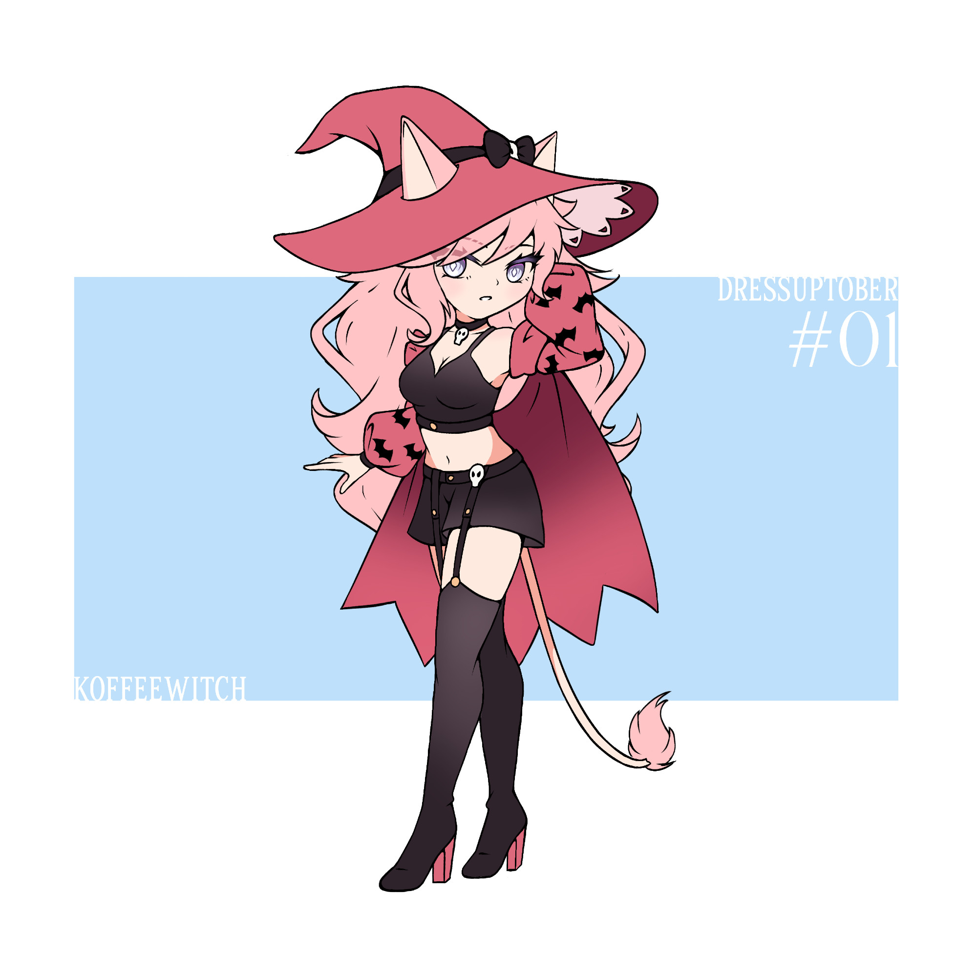 Art of an Original Character, Veloura in an outfit from an art themed promote known as Dressuptober. The colors of the outfit has been changed to the character's main colors, which is pink and red, the color of luxurious flowers.