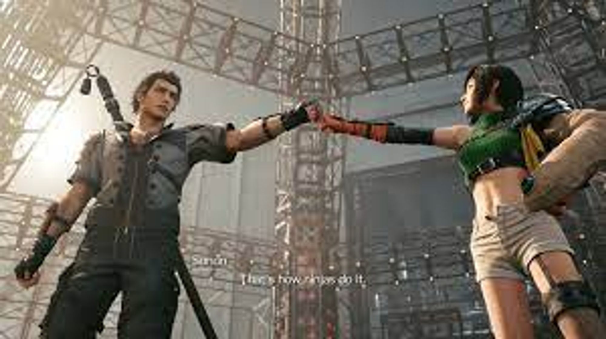 Yuffie and Sonon doing a fist bump