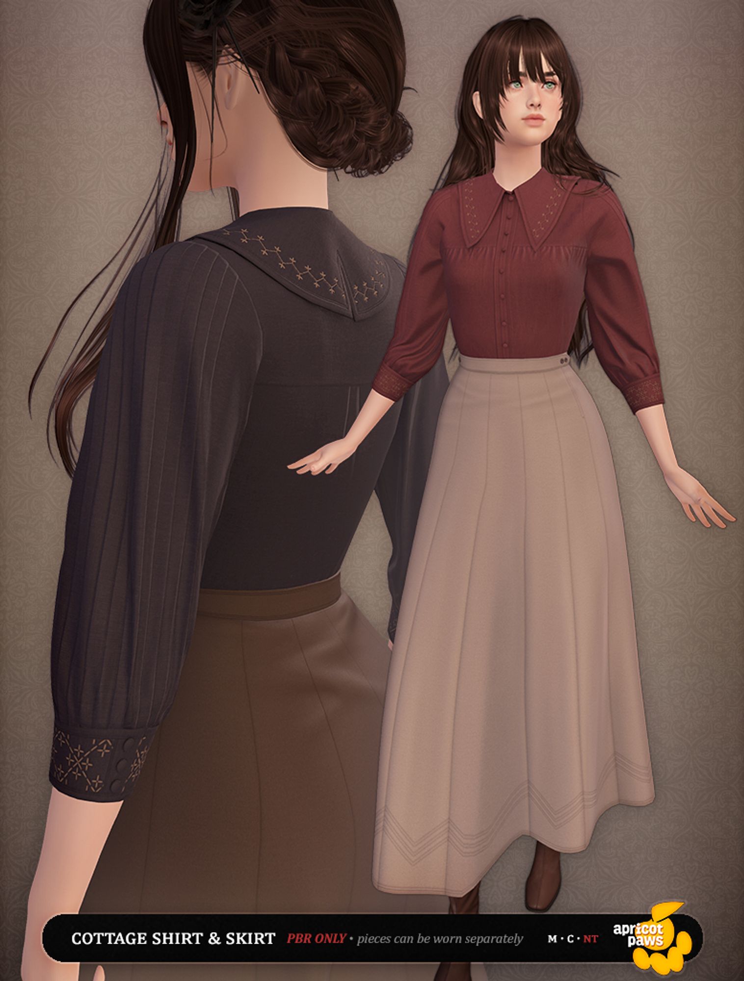 Promo image for Second Life clothing, for the Engine Room event. Brown-haired woman in a couple of stylish poses - in a linen shirt and high-waisted long skirt with panelled construction. zo,o/