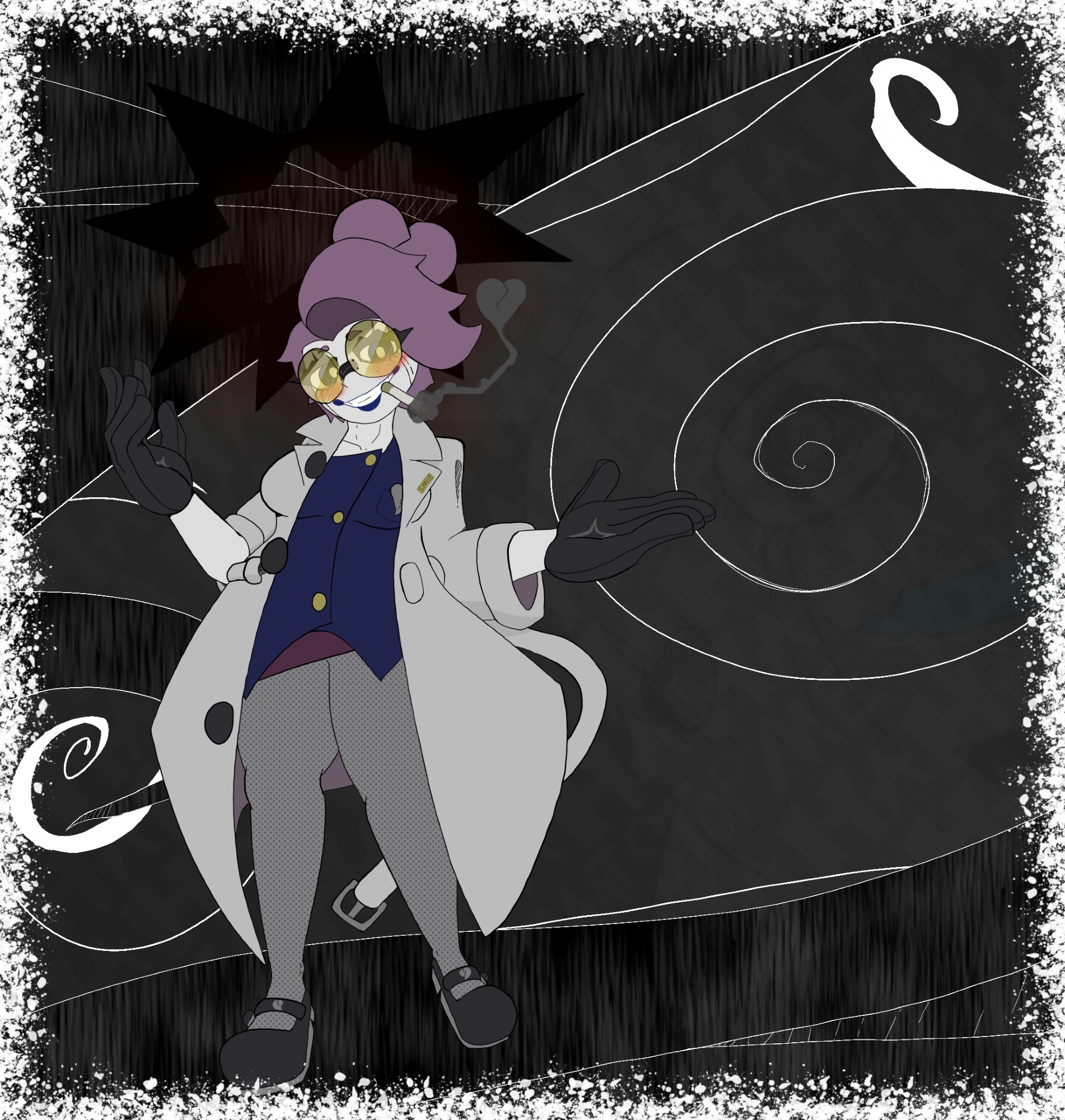 A full body image of Loony the science clown.
Shes standing in a murky void smoking a cigarette.  