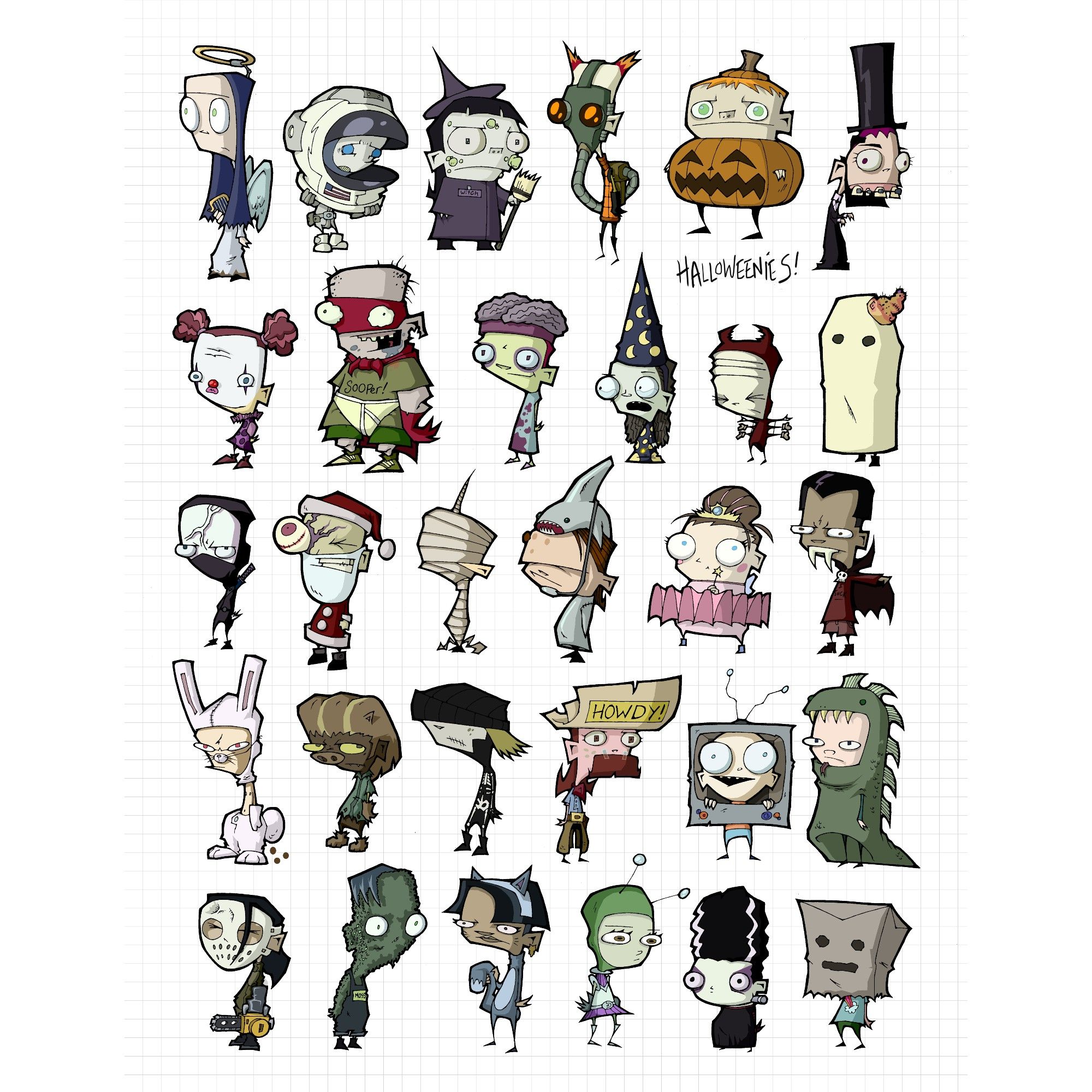 A bunch of character designs from Invader ZIM showing grotesque children in cute Halloween costumes.