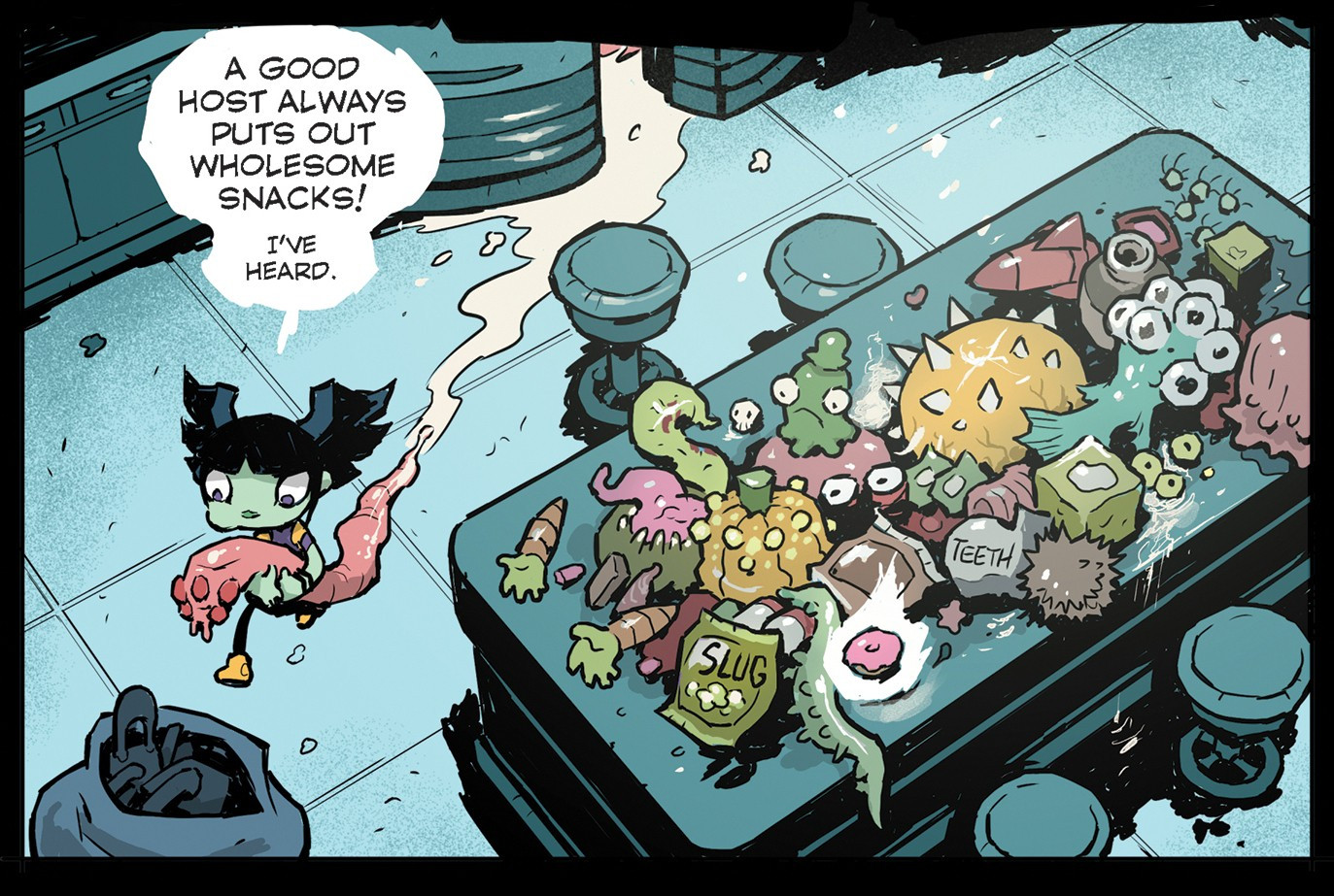 A little green monster kid lays out a bunch of delicious snacks for her human guest. Bags of slugs, teeth, many tentacled and spiked beasties, carrots with hands… Y'know, regular party stuff.