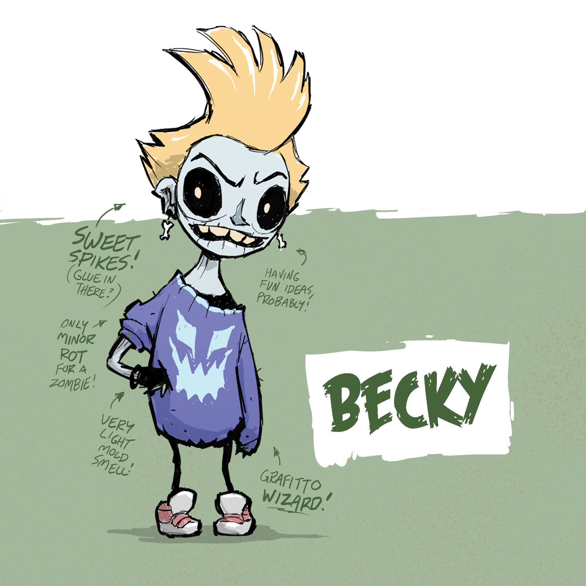 Becky the kid zombie, ready to party. She’s got huge spiky blond hair, a ratty ghost sweater, unhealthy blue skin, and an even less healthy attitude.