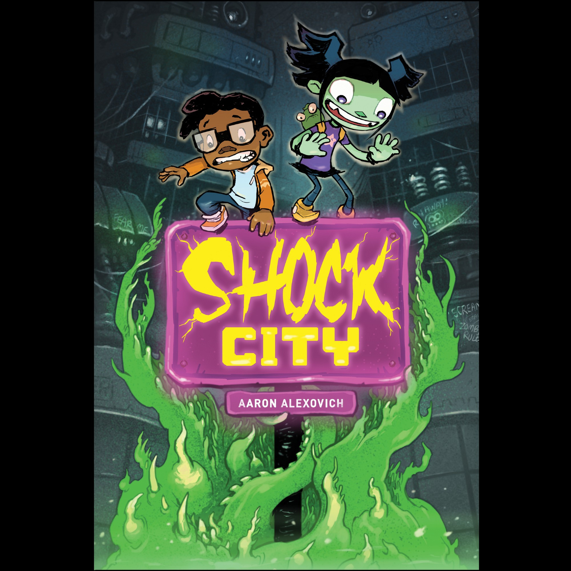 The cover of the Shock City graphic novel. It shows two kids fleeing some big Lovecraftian horror mess. One kid looks okay with it!