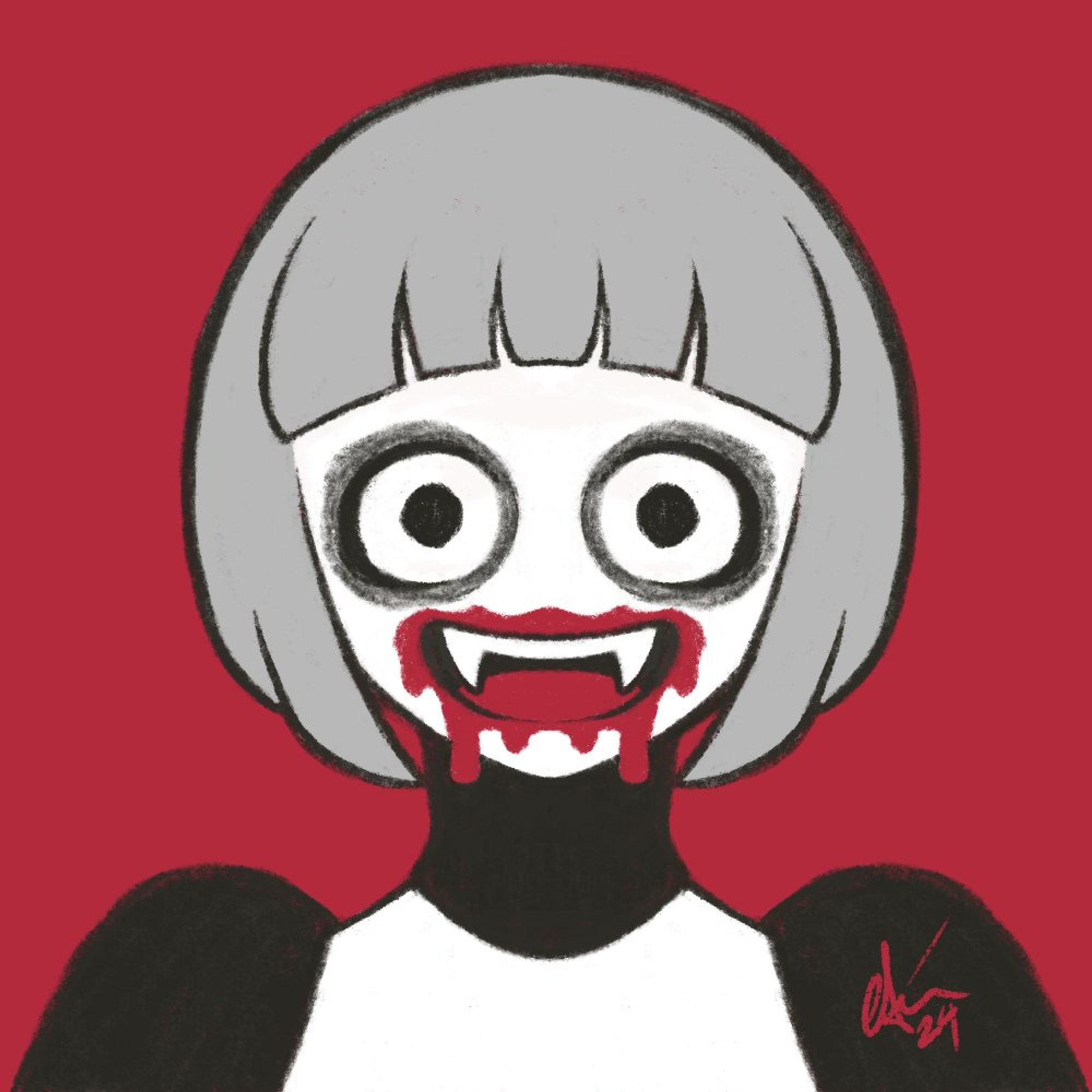 symmetrical portrait illustration of the main character from the youtube short film "midnight vampire"