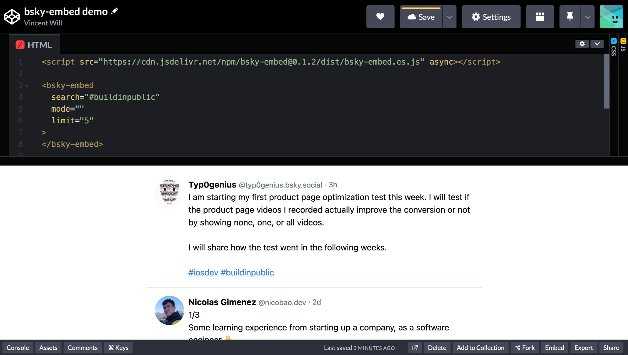 bsky embed hashtag demo on codepen