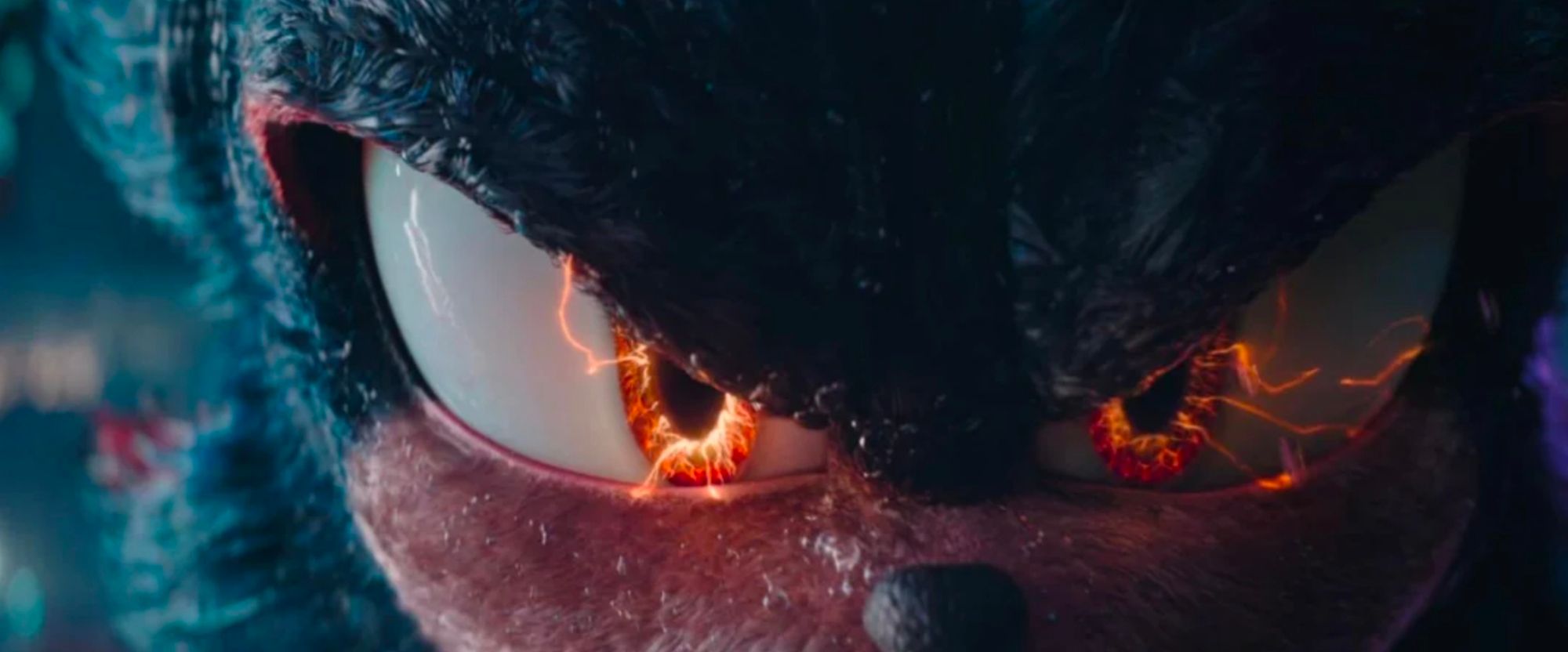 Screenshot of the Sonic 3 movie trailer. Closeup of Shadow's eyes. He's absolutely drenched and looks pissed