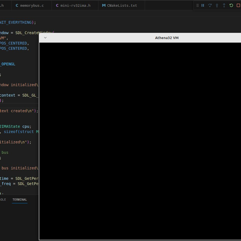 Screenshot of a black window titled "Athena32 VM". Some code in the background which initializes SDL2, OpenGL, and an emulated RV32 core & empty memory bus.