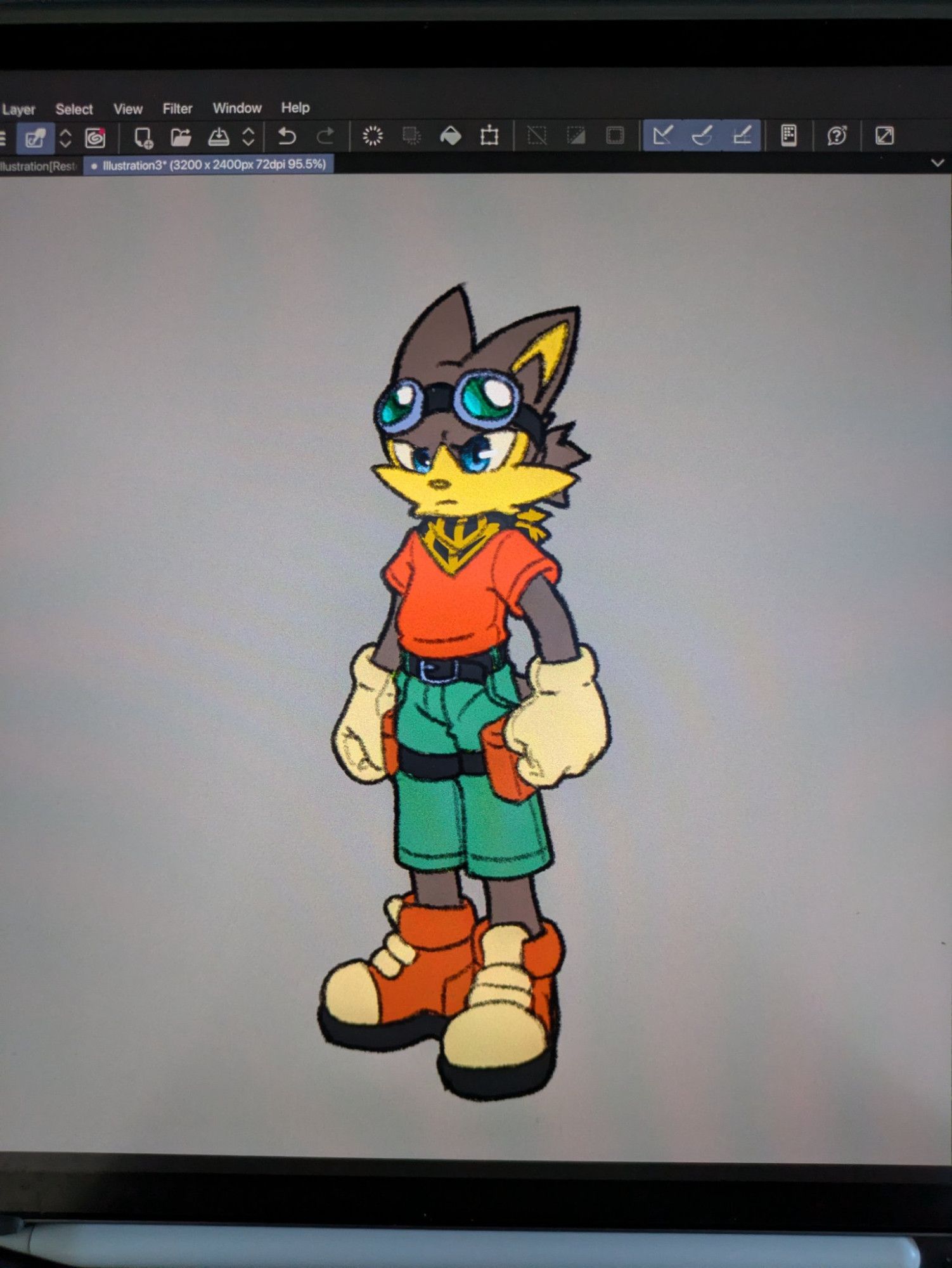 Illustration of a little kid version of Guntz from the Klonoa series. He has a short spiky ponytail, a black and gold bandana around his neck, a red T-shirt, blue/green shorts, gloves, and red tennis shoes.