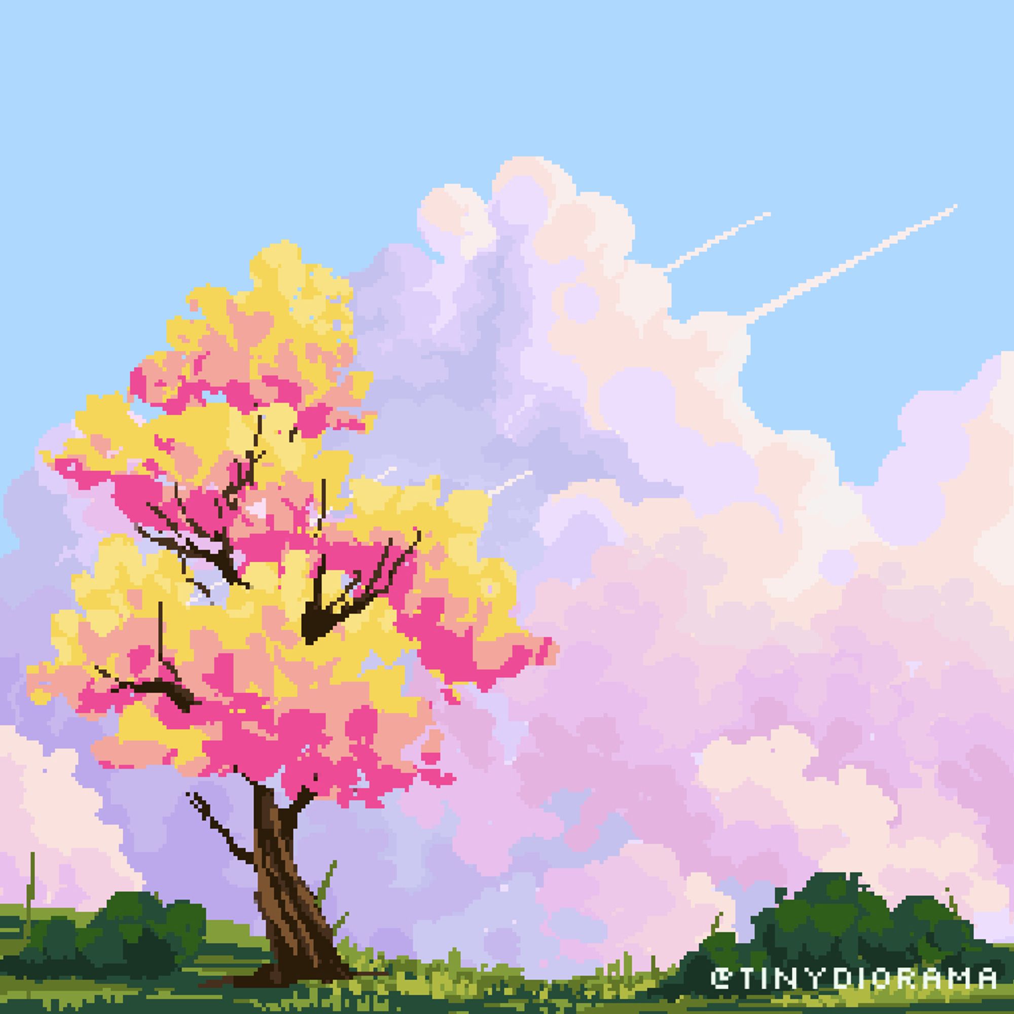 pixel art illustration of a golden tree in a field with pink fluffy clouds behind it