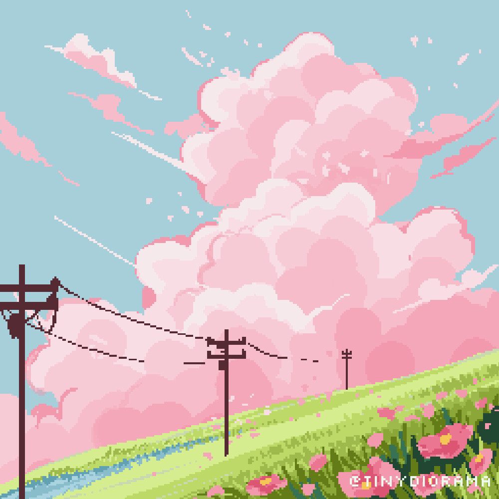 pixel art illustration of fluffy pink clouds, power lines, and a vibrant flower field