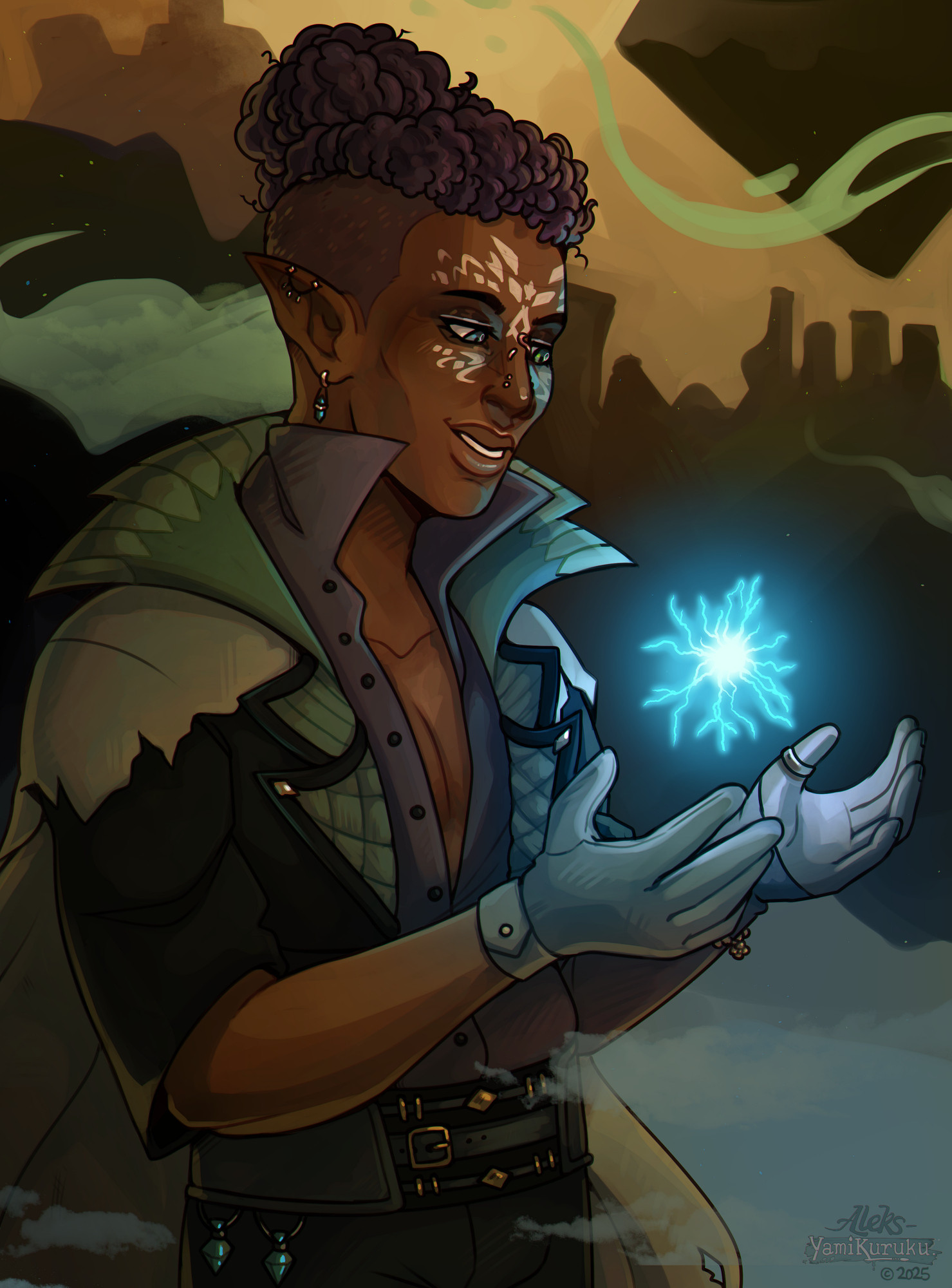 A halfbody illustration of Ranor holding their hands out under a wisp that is glowing blue.
Ray has dark brown skin with white face tattoos and very curly hair that is tied to a bun and shaved sides. They wear a green black outfit and purple shirt that is open and shows bits of their bare chest. Ray also has a grey cape that looks a bit ripped.

The background resembles the Fade from the universe of dragon age.