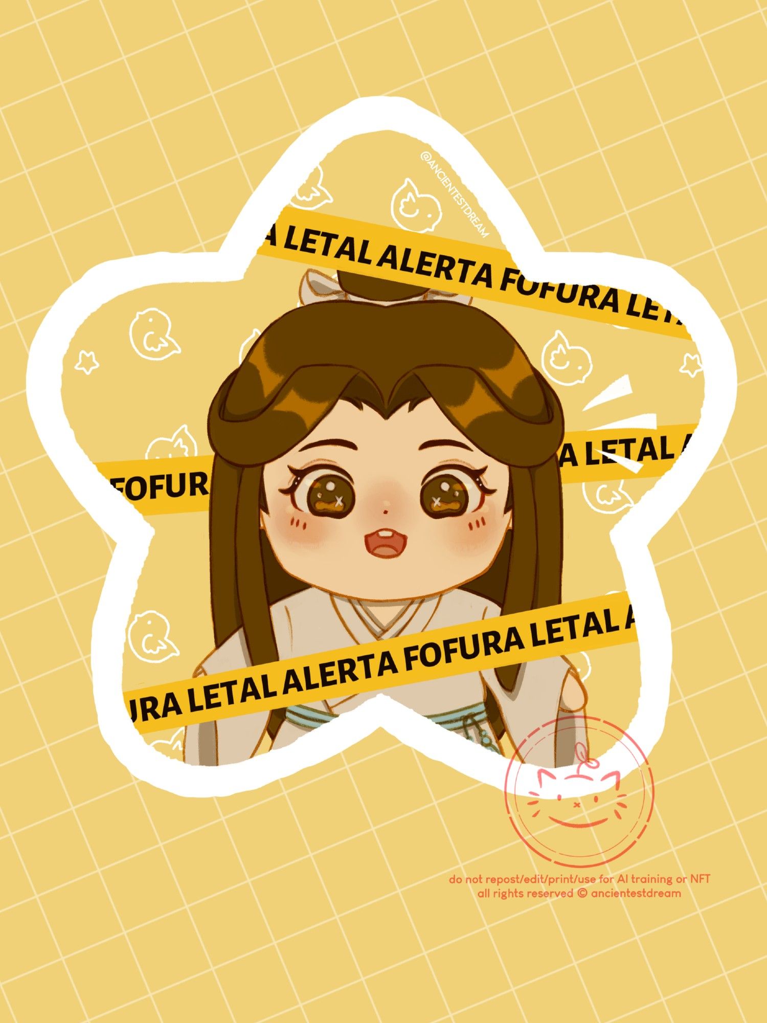 Ilustração de adesivo em formato de estrela, onde está ilustrado a pelúcia do personagem Xie Lian, em fundo amarelo claro com pintinhos estampados em branco. Há faixas amarelas sobre a ilustração do personagem com o escrito "Alerta fofura letal".