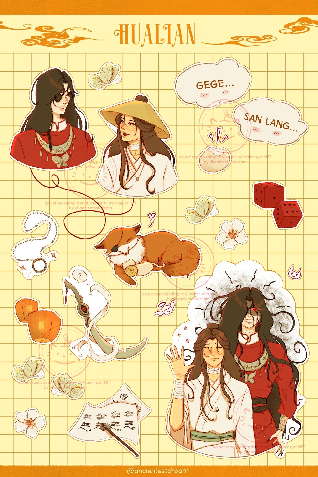 Cartela de adesivos dos personagens Hua Cheng e Xie Lian, contendo as ilustrações: ambos personagens olhando um pro outro e sorrindo, Xie Lian acenando e Hua Cheng parecendo assustador atrás dele, os personagens na forma de raposa e arminho, anel de cinzas, lanternas de papel flutuantes, E-ming com Ruoye, papéis de caligrafia com pincel, dados vermelhos, mantou meio comido, borboletas e flores, balões de diálogo "Gege..." e "San Lang...".