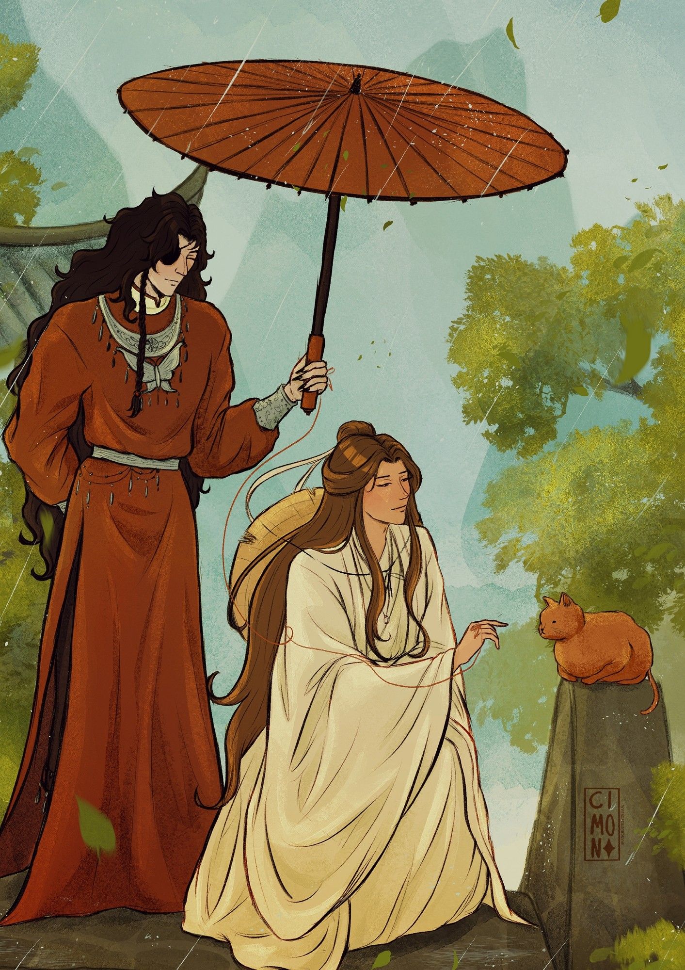 Ilustração dos personagens Hua Cheng e Xie Lian em um dia chuvoso. Hua Cheng segura um guarda-chuva sobre ambos, e Xie Lian se encontra agachado prestes a fazer carinho em um gatinho laranja que está confortável em uma mureta.