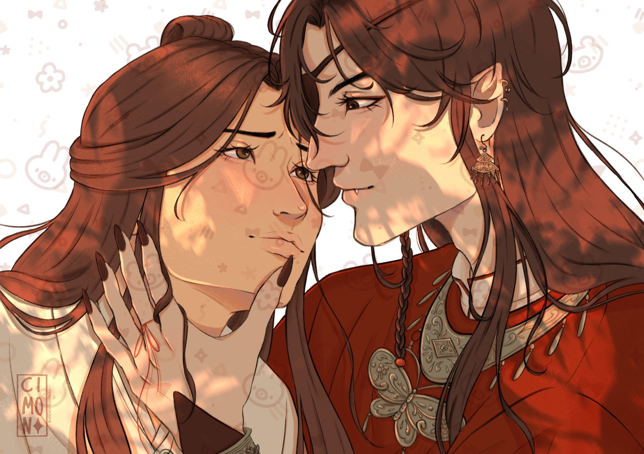 Ilustração dos personagens Xie lian e Hua Cheng, da novel chinesa Tian Guan Ci Fu, por MXTX. Eles estão olhando um pro outro apaixonados, inventaram o amor! 