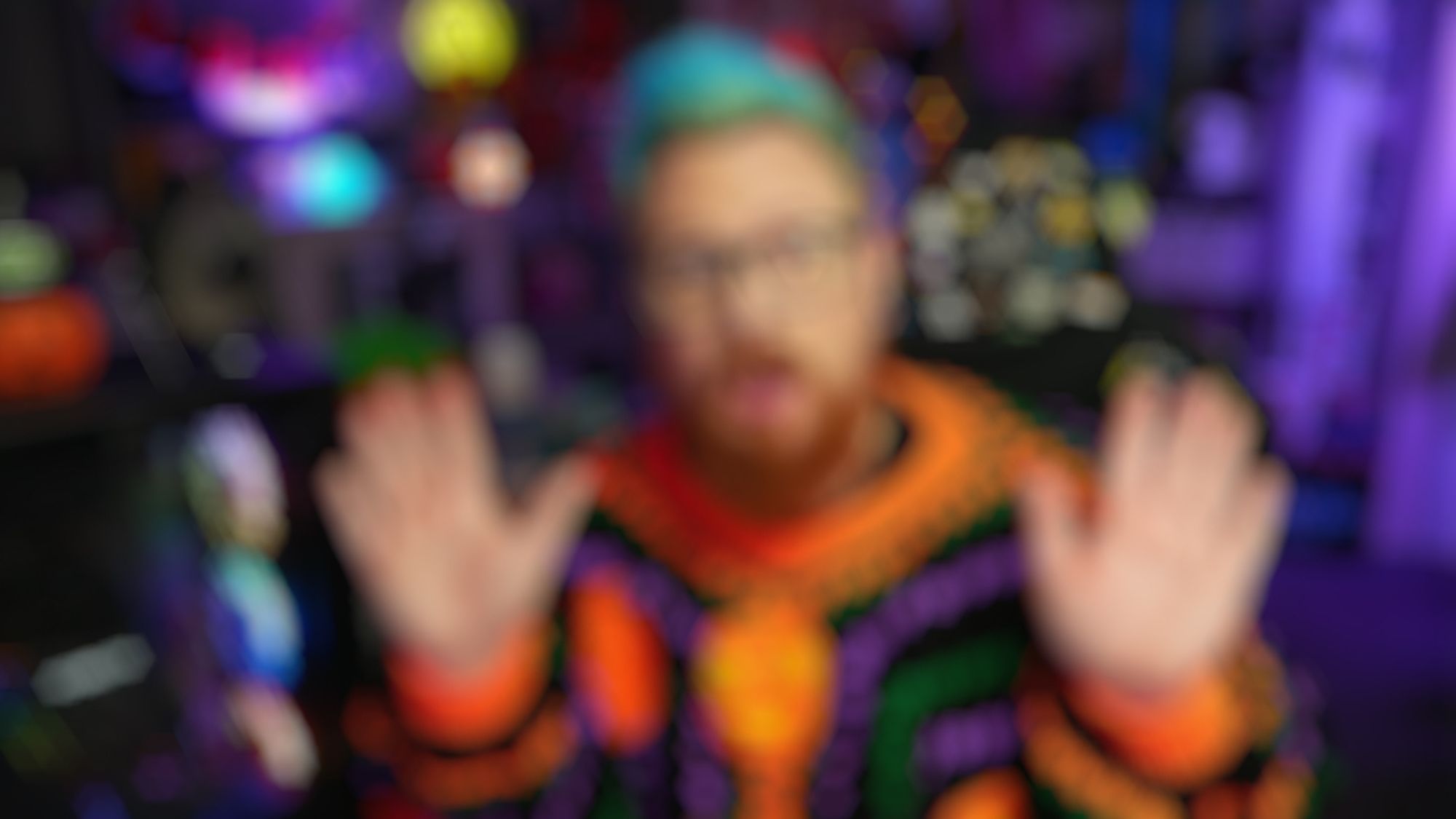 blurred photo of warwick looking scared while wearing a halloween top