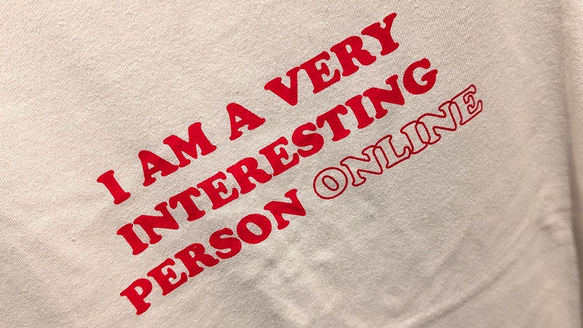 photo of a t-shirt with text saying 'I am a very interesting person online'