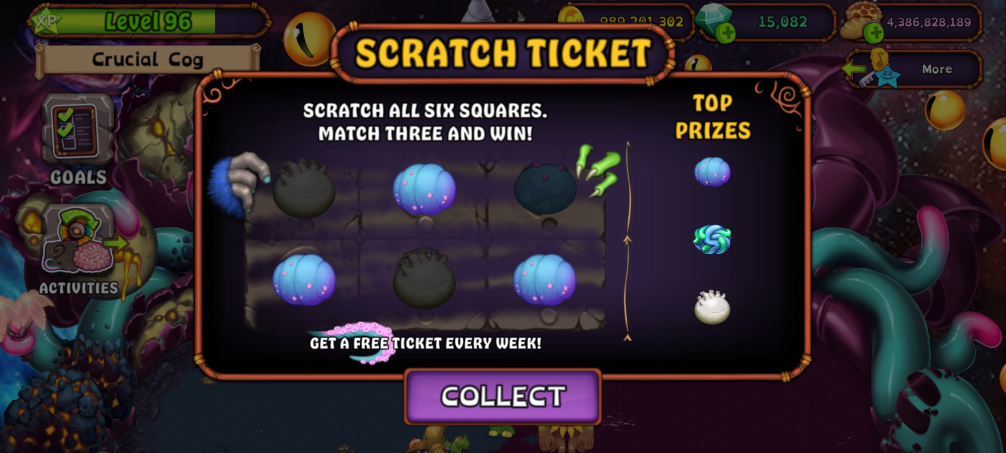 my singing monsters screenshot of me winning a booq'wurm in the scratch ticket