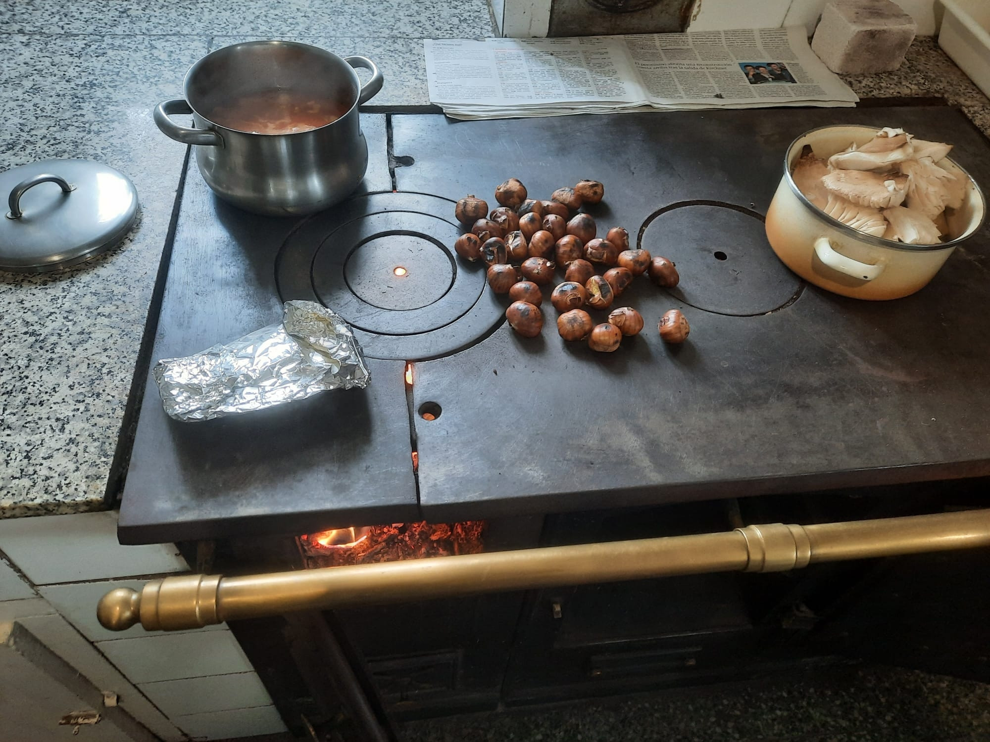 Hai unha cociña de ferro cunha pota de fabas, castañas e setas.