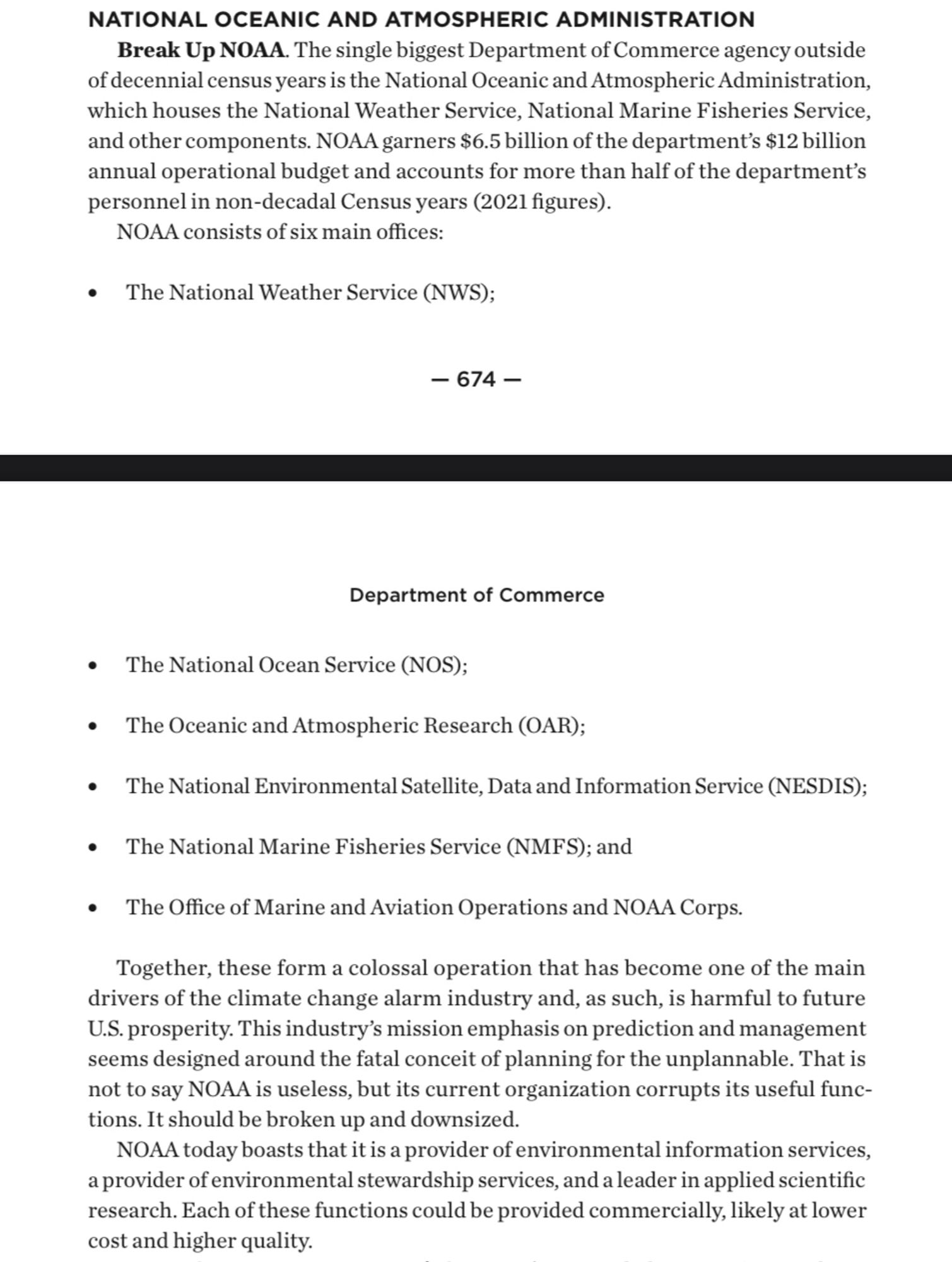 Page from project 2025 calling for breaking up and privatizing NOAA.