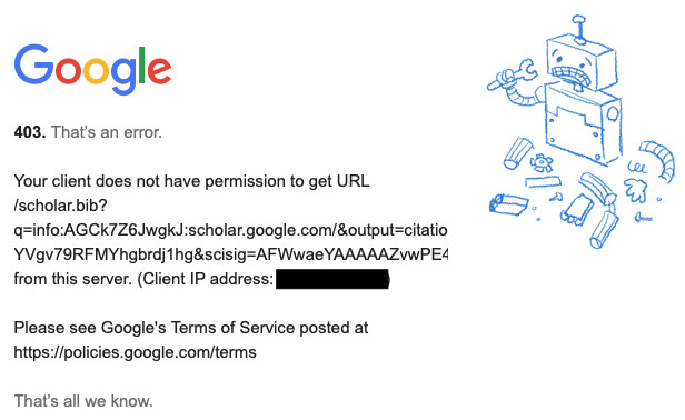 Google error showing permission denied for a Google Scholar BibTeX URL