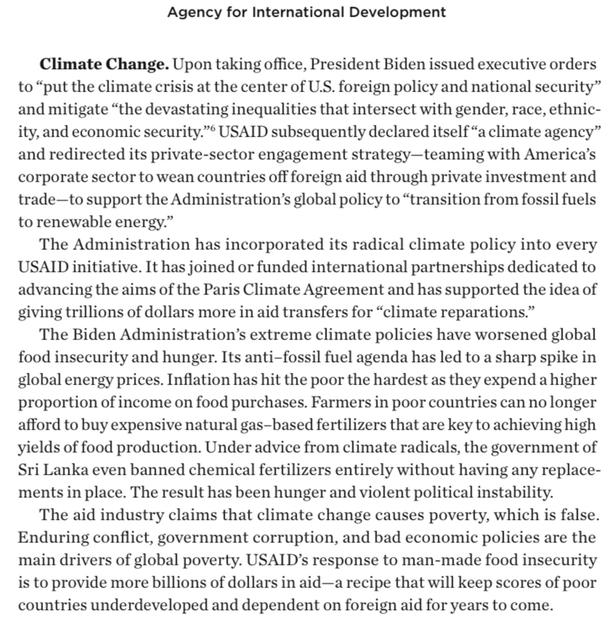 Page from Project 2025 calling to an end to all international aid regarding climate change. Further denies that climate change has material impact on people’s lives in developing countries.