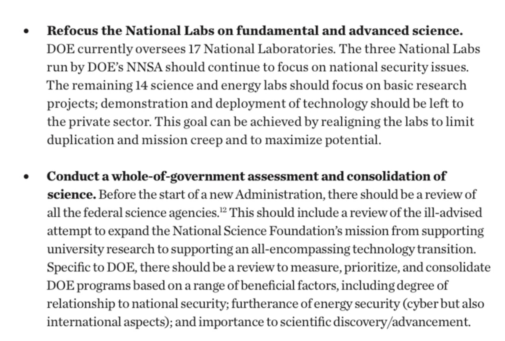 Page from Project 2025 calling for banning all applied research at the National Labs and criticizing the use of NSF funding for technology transitions to a cleaner economy.