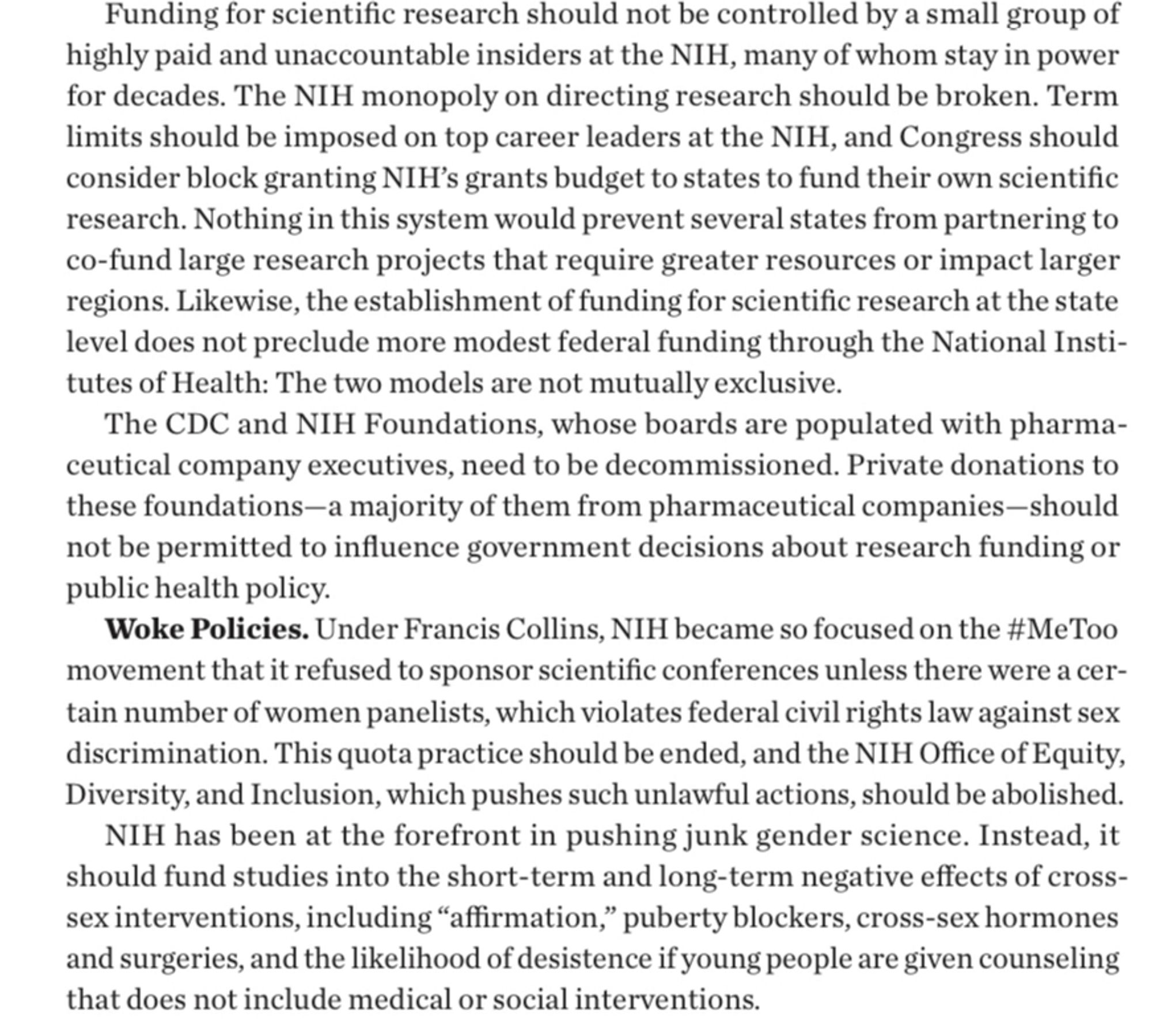 Page from Project 2025 calling for splitting up the NIH into state-level entities and criticizing NIH investigations into sexual assault and funding research into gender-affirming care.