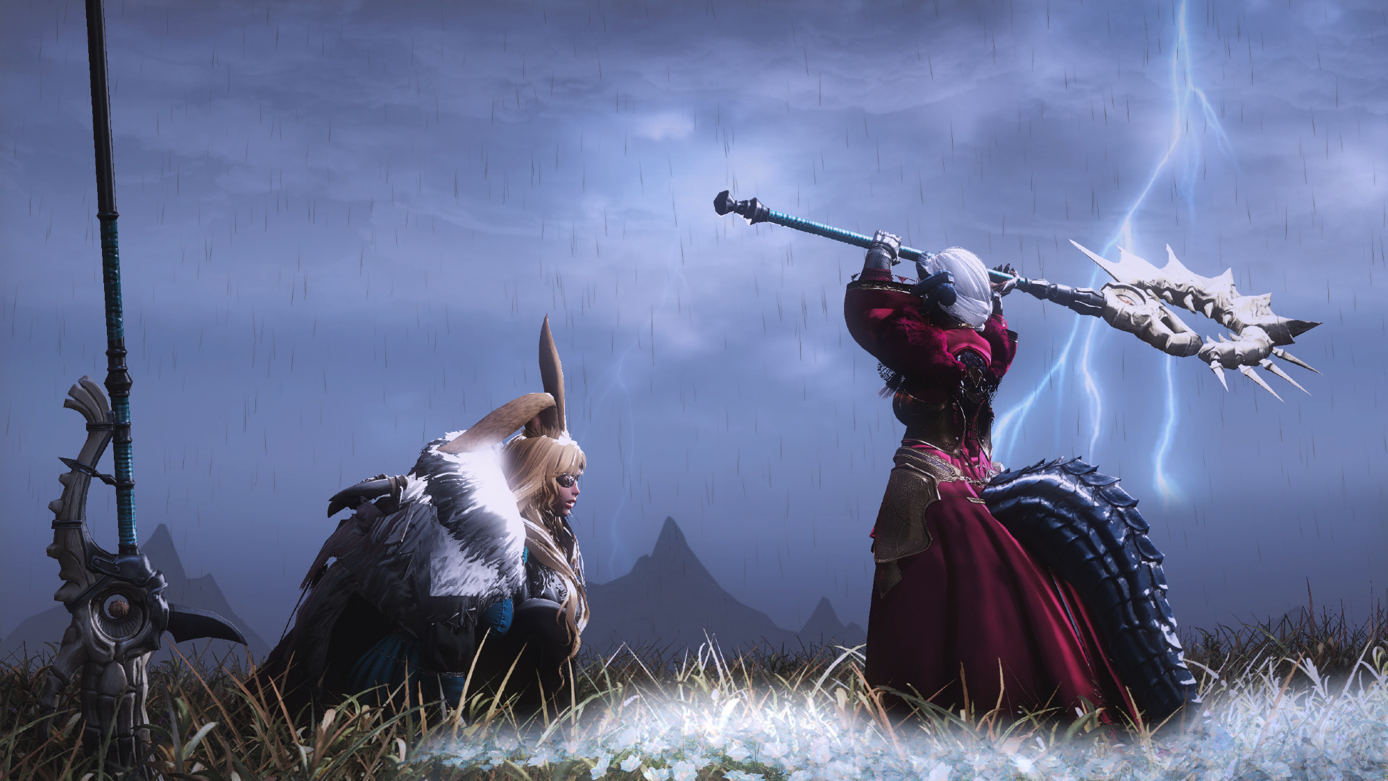 A landscape shot of Kaiyle as Dimitri, on one knee, defeated in battle as she holds herself up, looking up at her attacker Bizzy, as Edelgard, adorned in red as she swings her axe, Amyr, at Kaiyle. 
Areadhbar, Dimitri's spear is stuck in the ground to the left of the scene.
A thunderous cloudy sky fills the background, as the ground under Bizzy and Kaiyle is a field of grass and flowers,