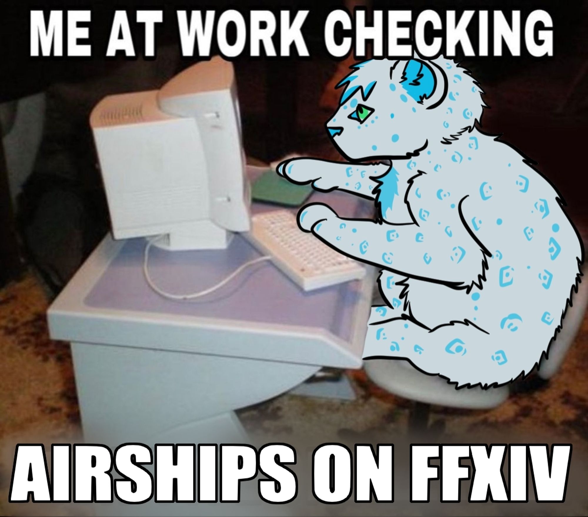 A small drawn snow leopard with white fur and blue spots sat at a tiny computer. The text reads "Me at work checking airships on ffxiv"