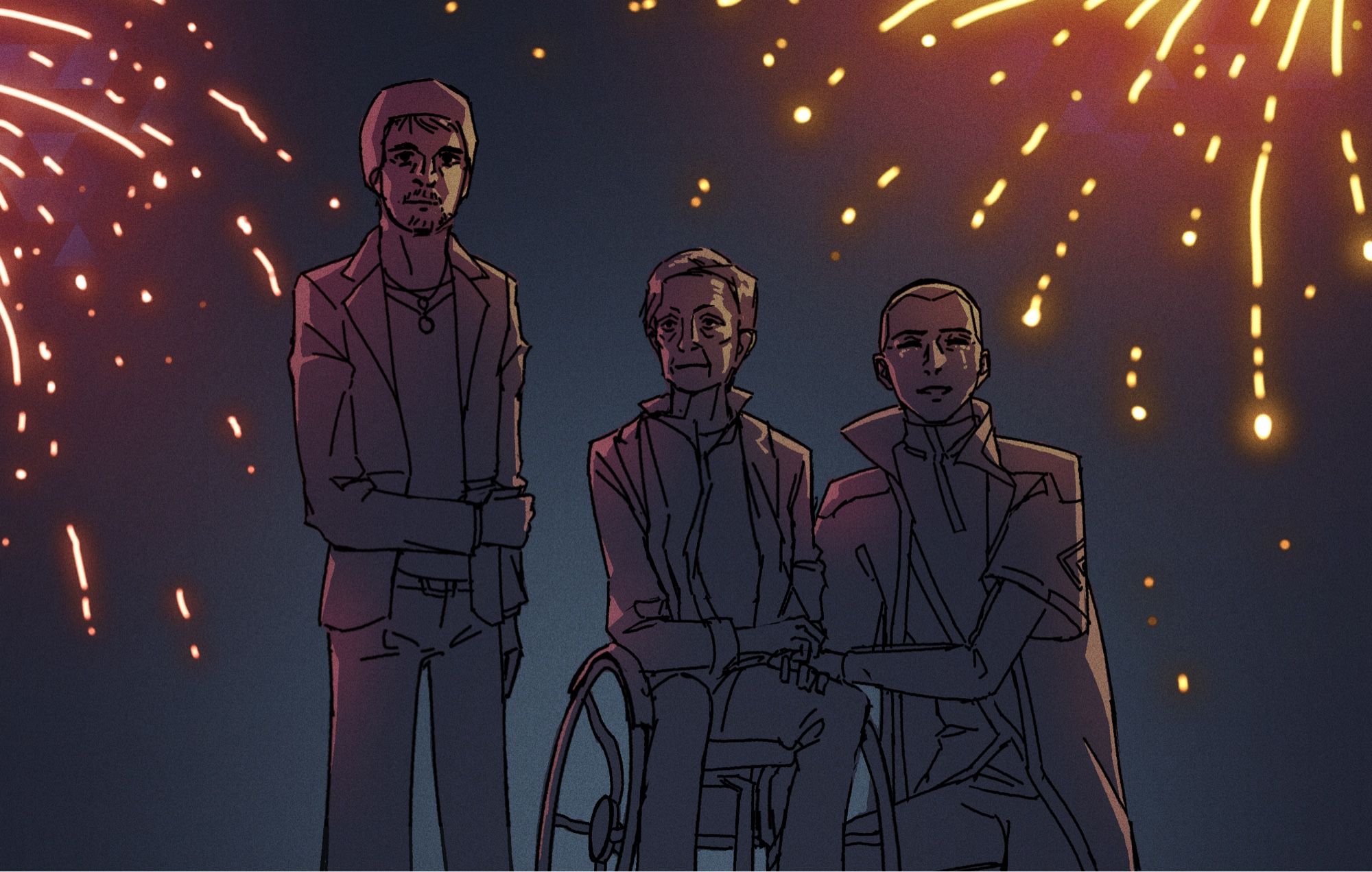 Simple digital illustration with the only colour being from red and yellow fireworks in the sky. Leo, carl and markus from DBH are together watching the fireworks. Markus has tears of joy