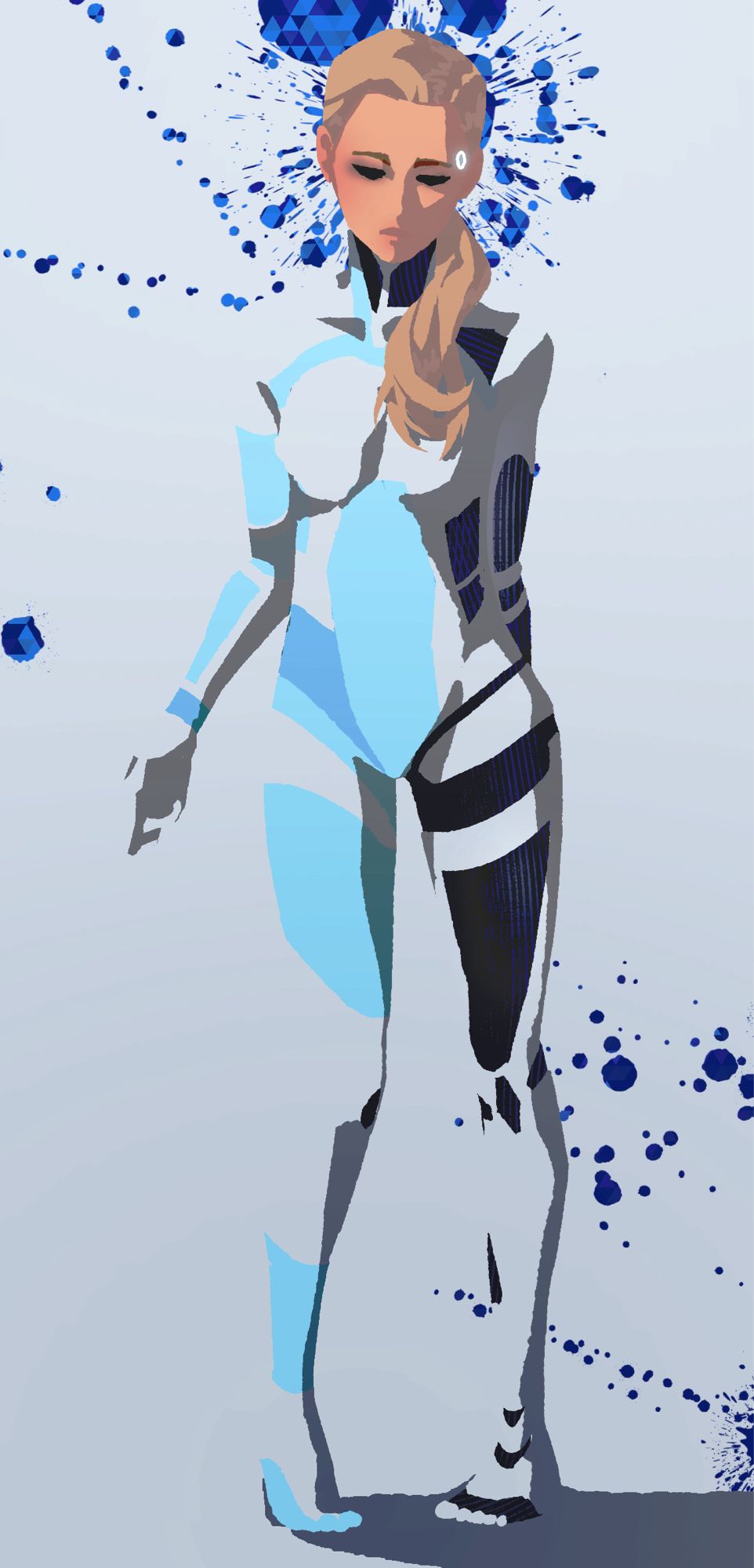 Flat-coloured digital illustration of the Chloe android showing some of its inner workings. Only its face and hair have a human appearance. There’s splatters of blue blood in the background in a stylistic sense