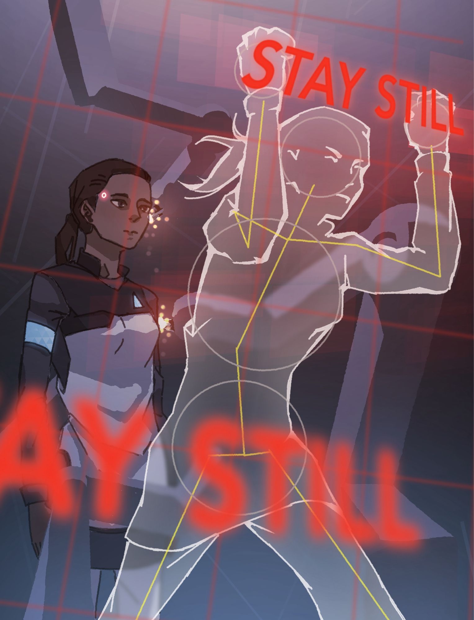 Digital drawing of an android being worked on by a machine. A ghostly version of them is stepping forwards and pushing against a wall with red text saying ‘stay still’
The drawing is just fine but its lacking that extra kick