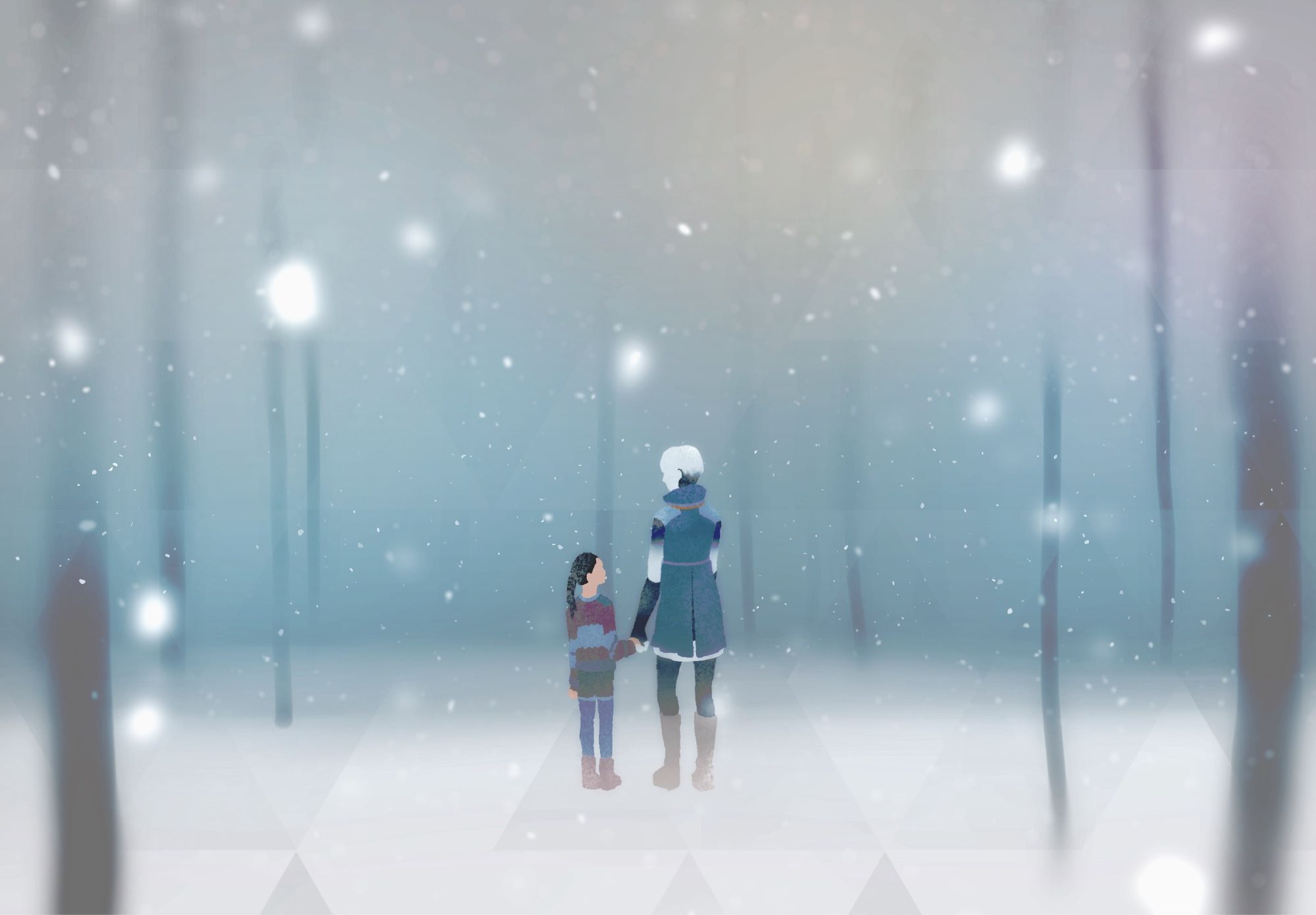 A digital illustration with of Kara and Alice from DBH holding hands in a snowy forest. It’s made with simple flat colours and has a blue tinge