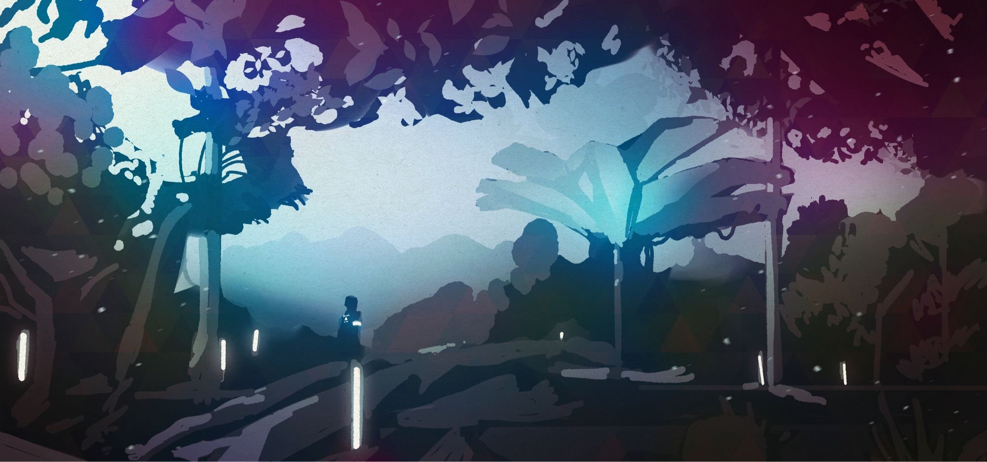 A digital landscape illustration of the zen garden from detroit become human. Its full of flora and an artificial tree like structure stands in the middle. The colours are dreamy and blurred.