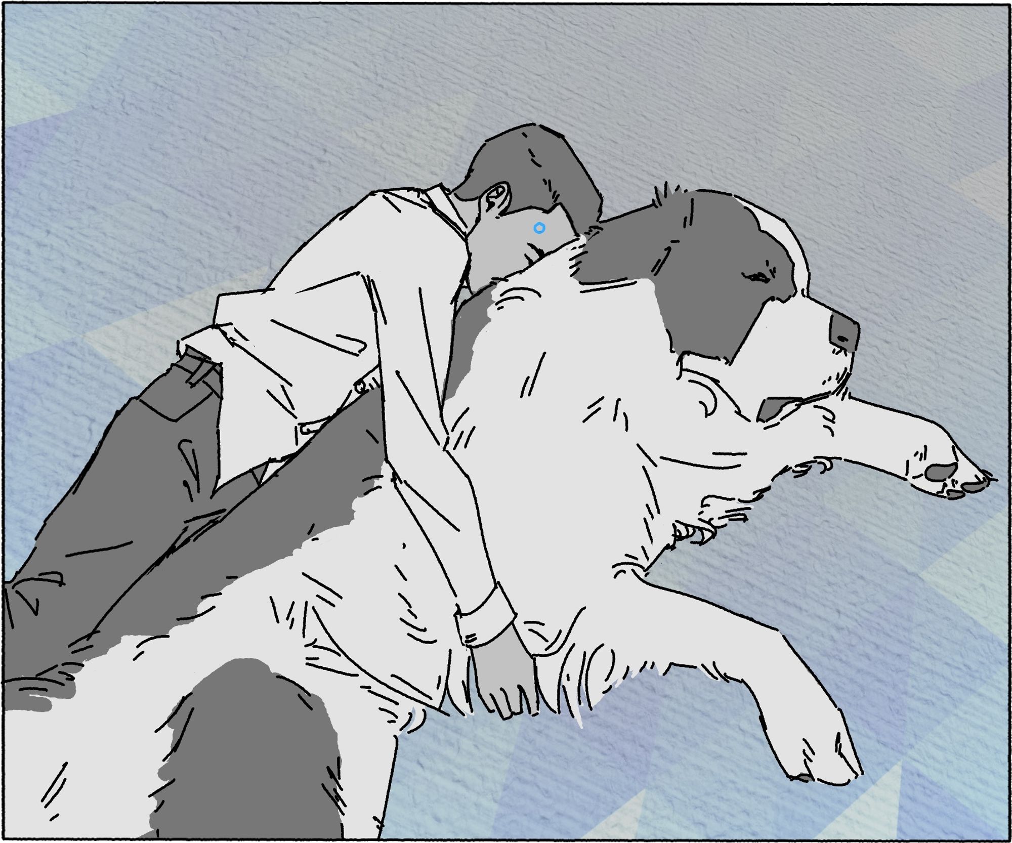 Simple black and white digital illustration of connor from dbh hugging sumo the saint bernard