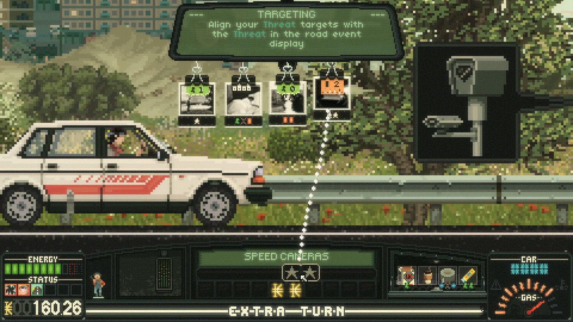 Screenshot of Keep Driving showing a pixel art scene of a man driving a car “fighting” a speed camera 