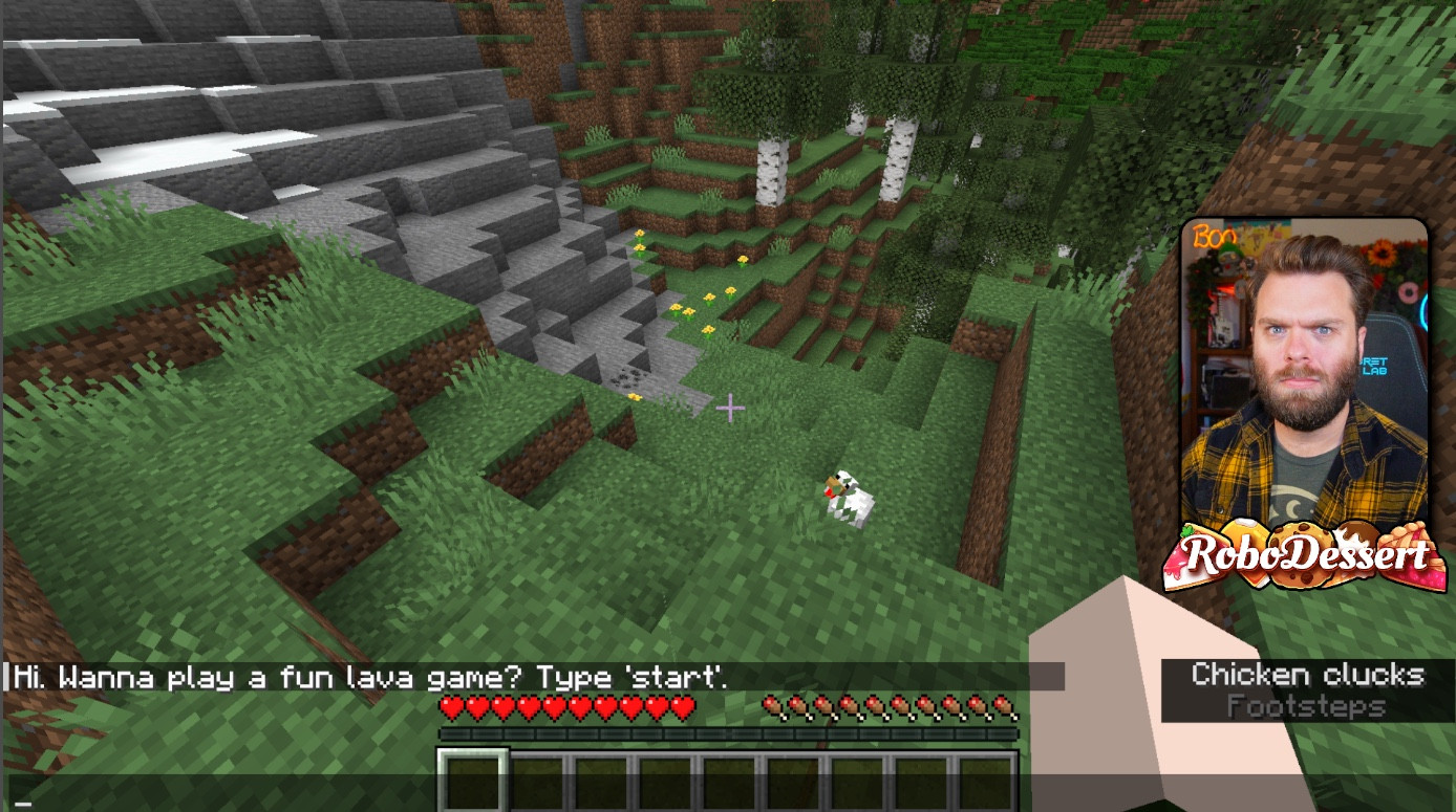 Screenshot of Robo's stream showing minecraft as the game. In the bottom left a text field reads "Hi. Wanna play a fun lava game? Type 'start'."