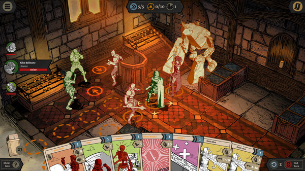 Screenshot of Knights in Tight Spaces showing multiple characters arranged around a room with the player’s hand of cards spread out along the bottom of the screen